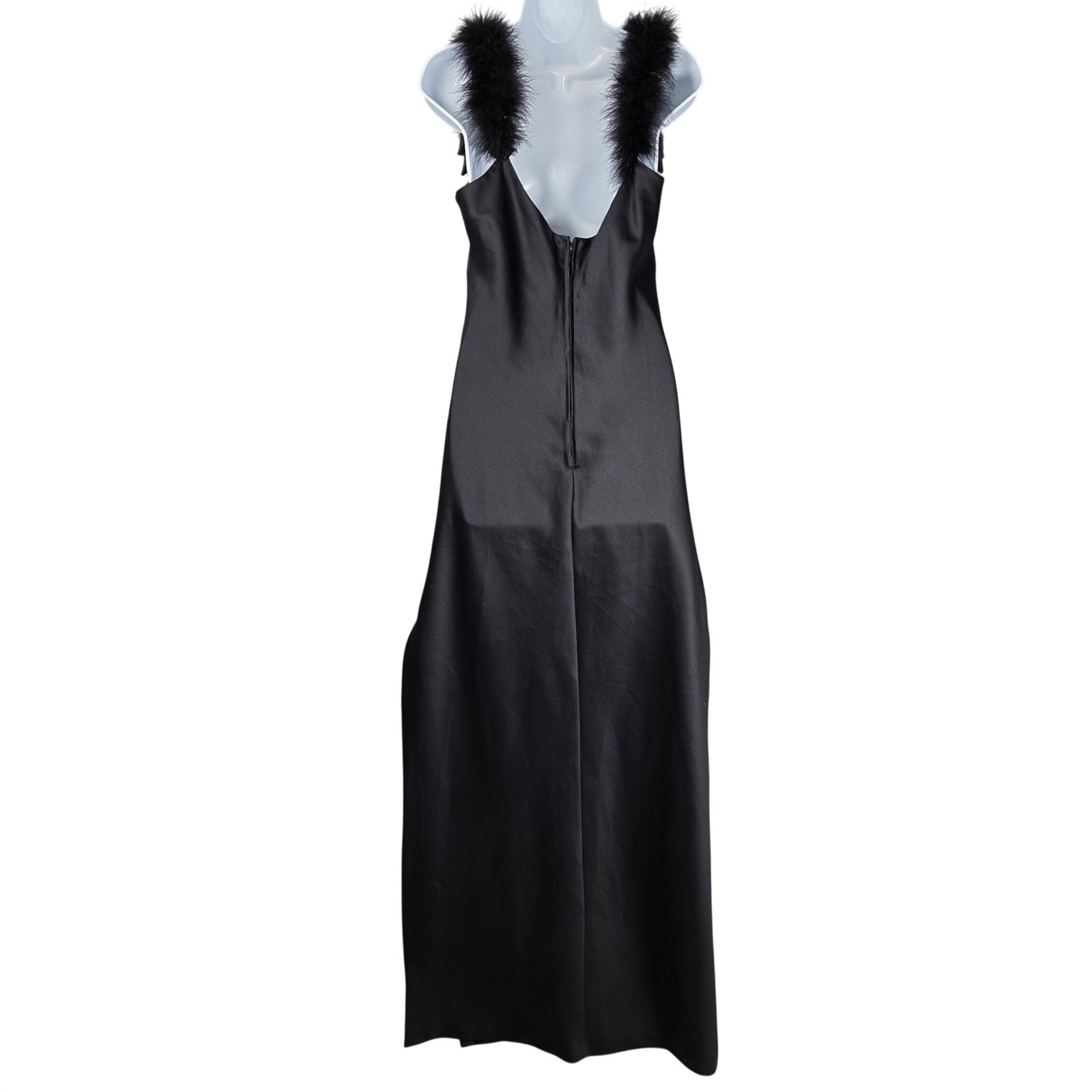 Vintage Niki Livas Women 12 Maxi Satin Gown Dress 90s Feather Bow Black Elegant