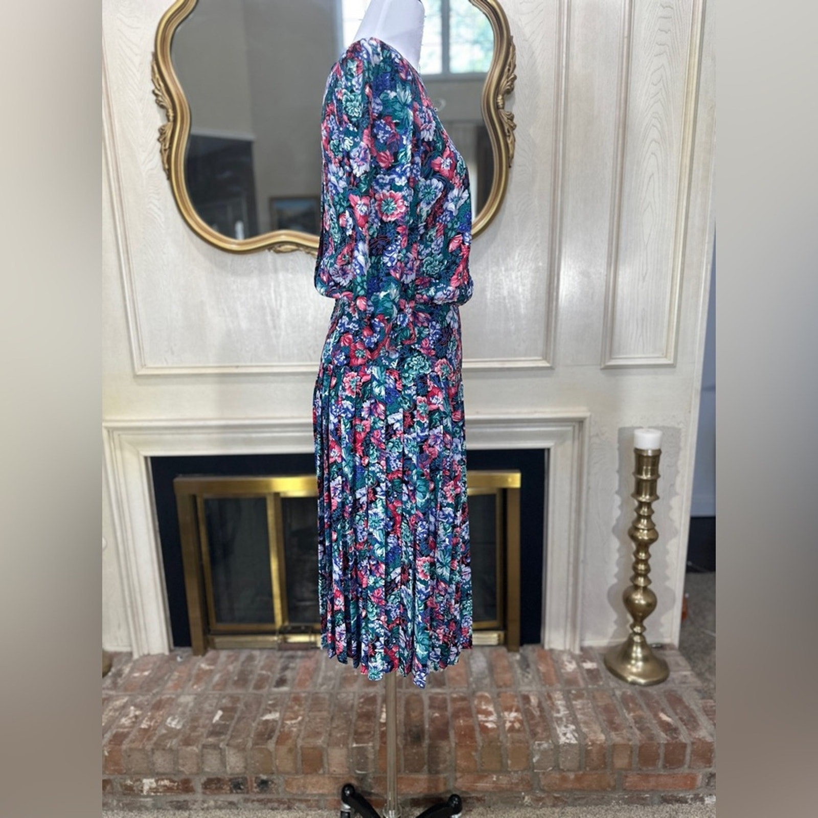 Vintage Karin Stevens Petites Floral Pleated Midi Dress Size 8 | Made in USA