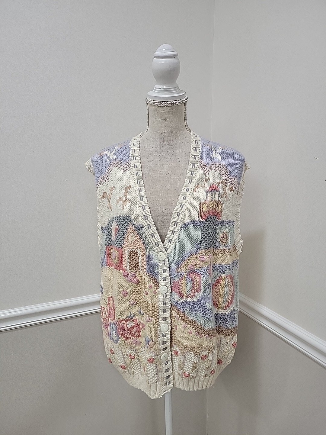 VTG BELDOCH POPPER USA Sweater Vest Lighthouse, Sailboats, House,Birds NWT