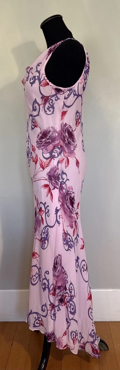 Vintage Y2K Floral Slip Dress Bias Cut Cowl Neckline Beading Best Fit M