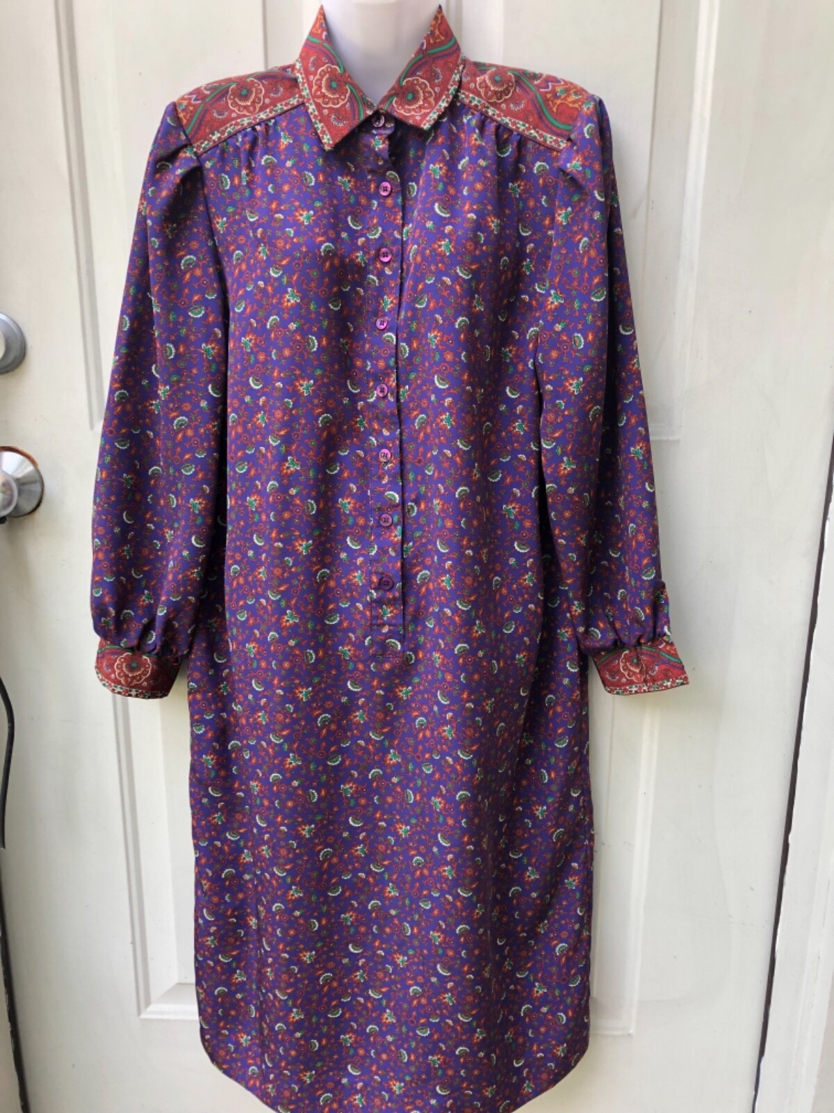 Schrader sport shirt dress purple w floral design Sz 8 chest 41” loose fit