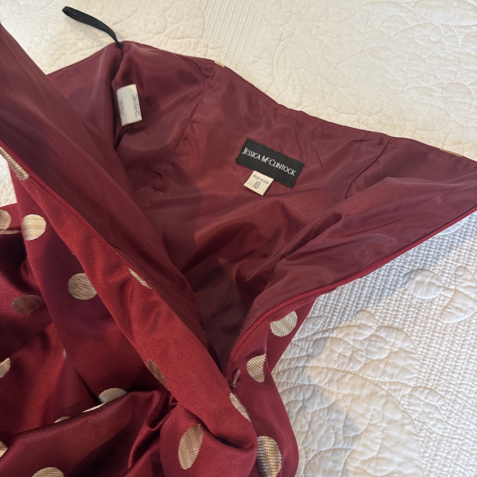 VTG Jessica McClintock Strapless Polka Dot Dress Burgundy Gold USA 1990s Y2K