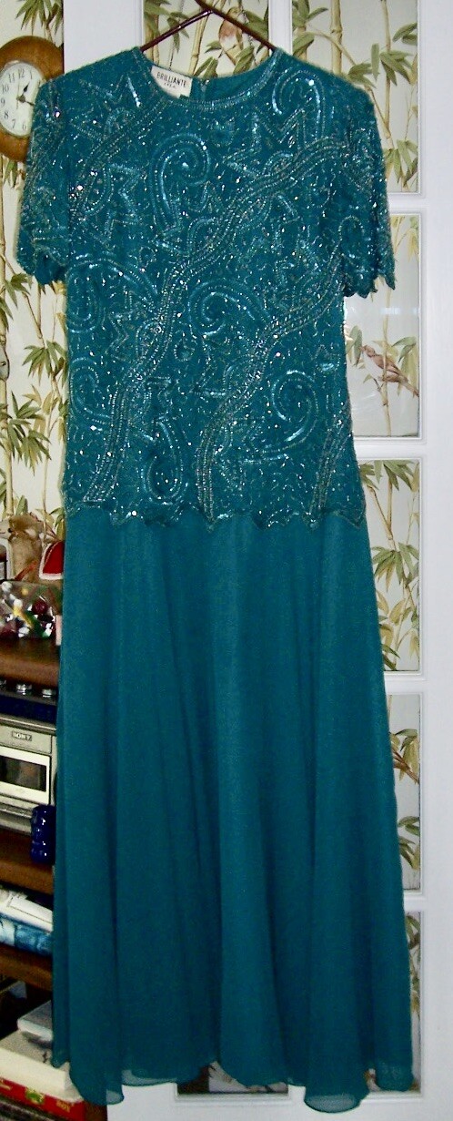 Vintage Brilliante By J.A. Beaded Bodice w/Chiffon Skirt – Size M – Aqua