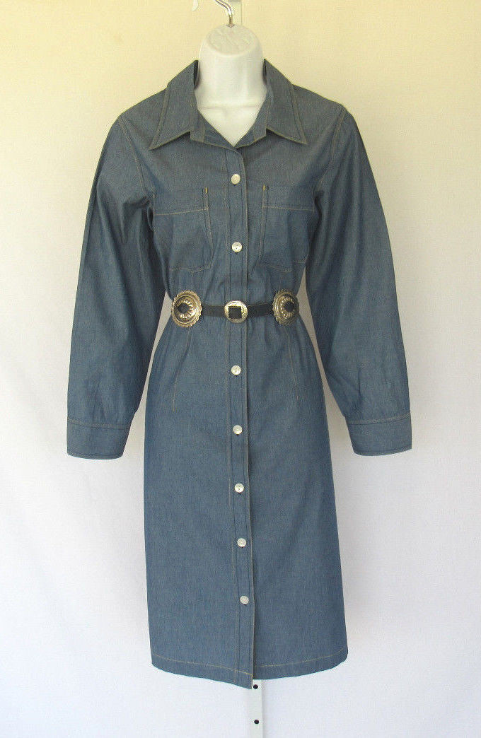 VINTAGE 1980s 90s NORM THOMPSON COTTON DENIM DRESS SIZE M/P CONCH BELT BLUE