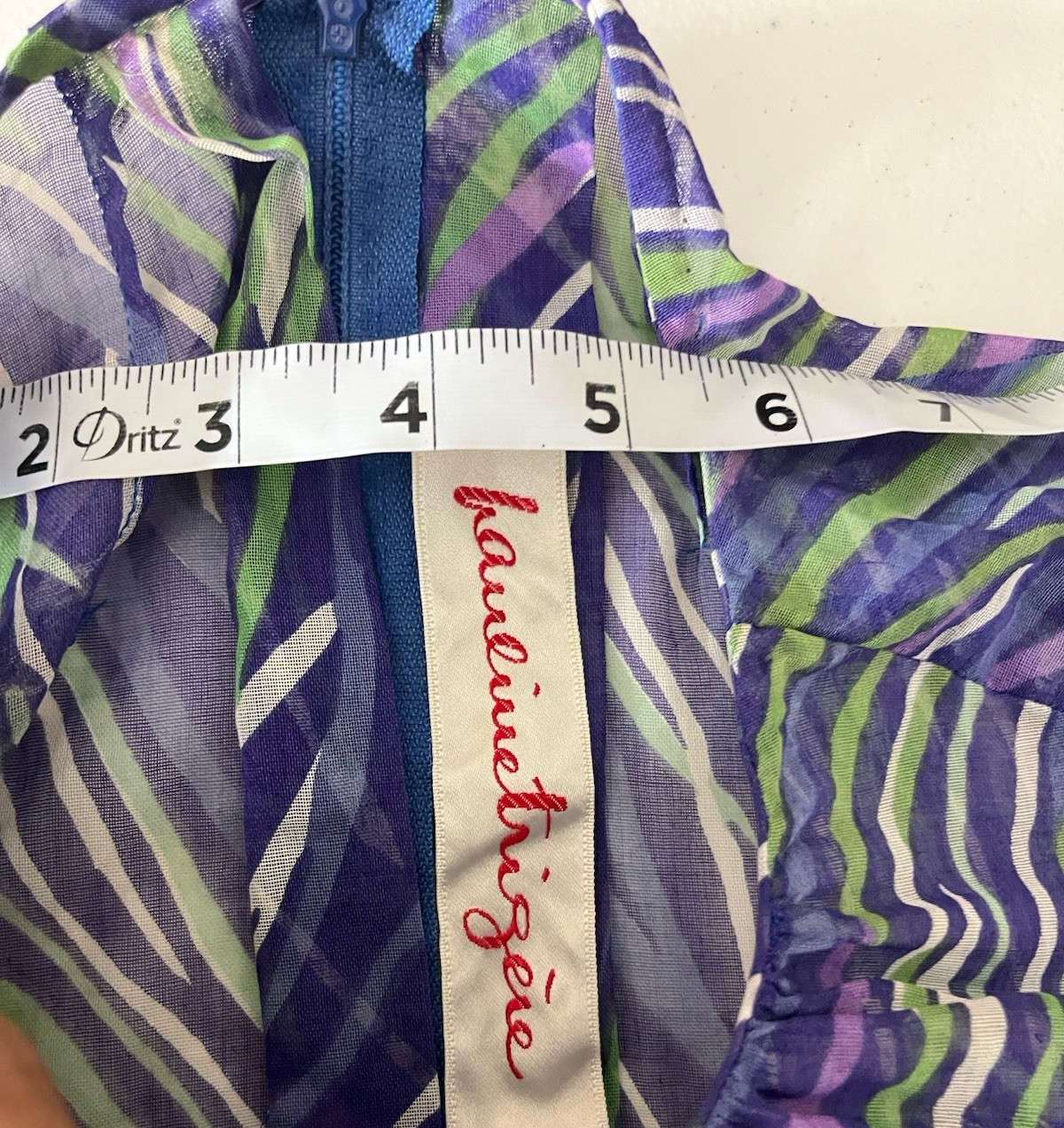VTG Pauline Trigere Chiffon Midi Dress Abstract Geometric Wave Print 70s *NOTE