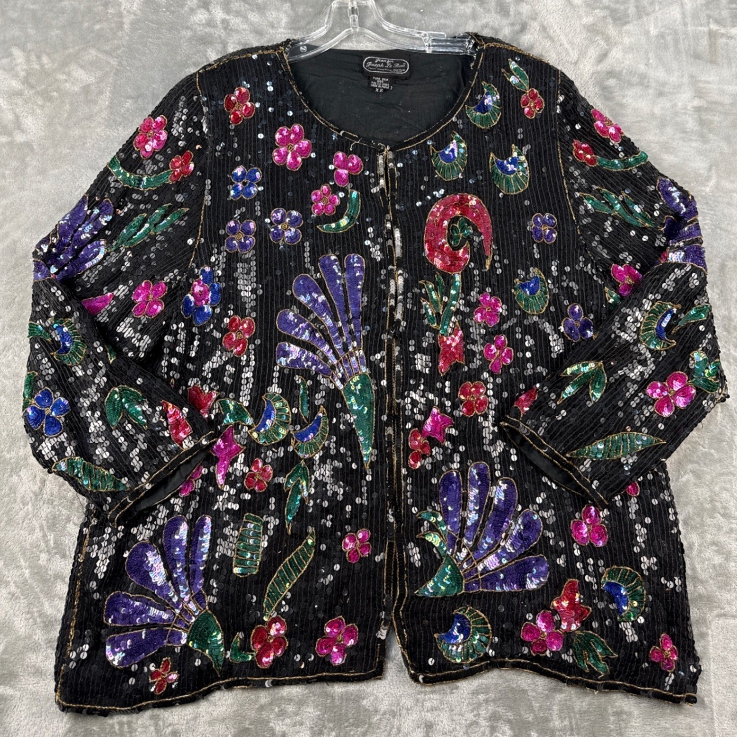 VTG Jean for Joseph Le Bon Jacket Womens XL Silk Sequin Floral Beaded Black EUC