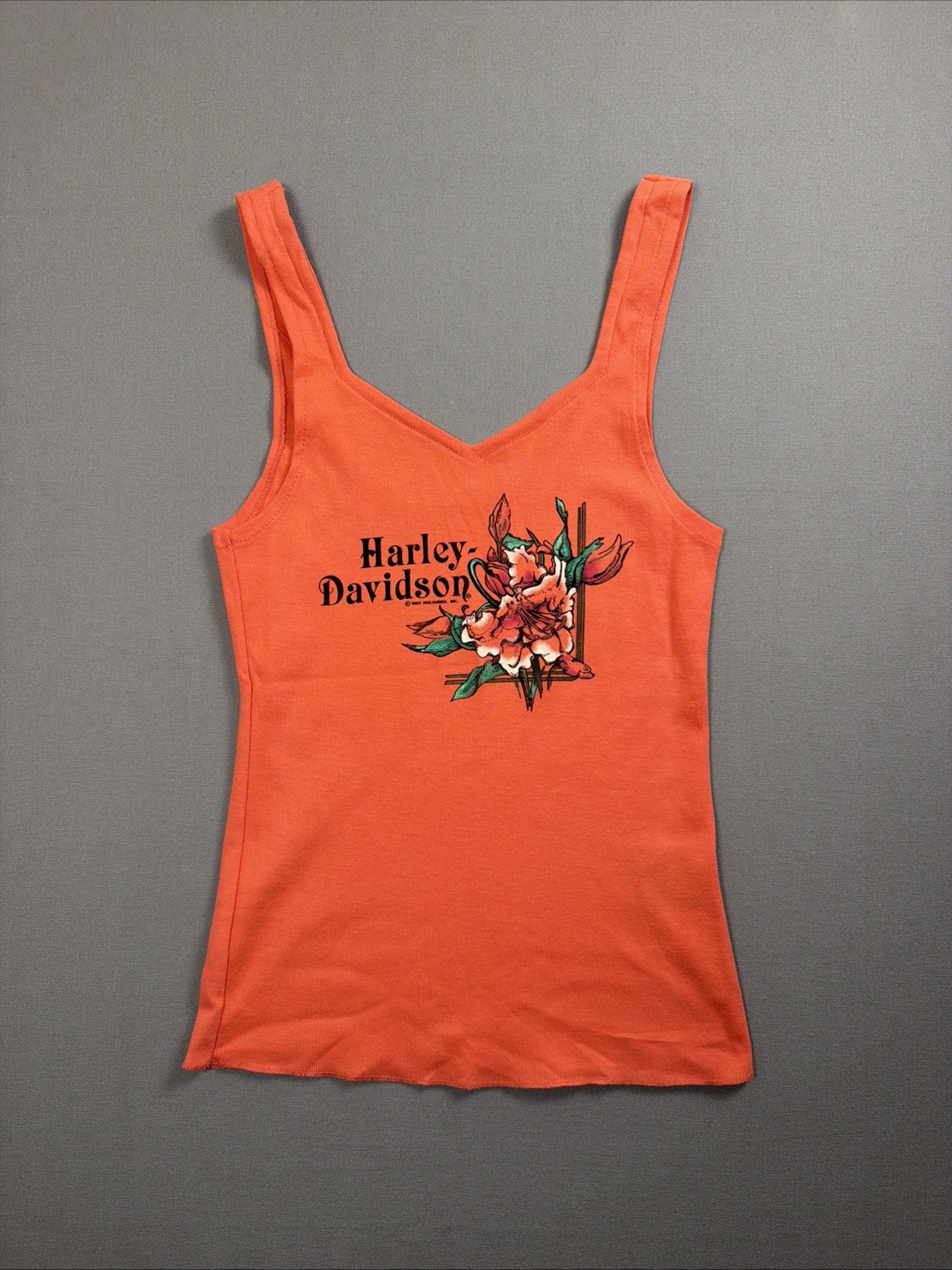 Vintage 1991 Harley Davidson Tank Top Orange Peoria IL Floral Holoubek Womens XL