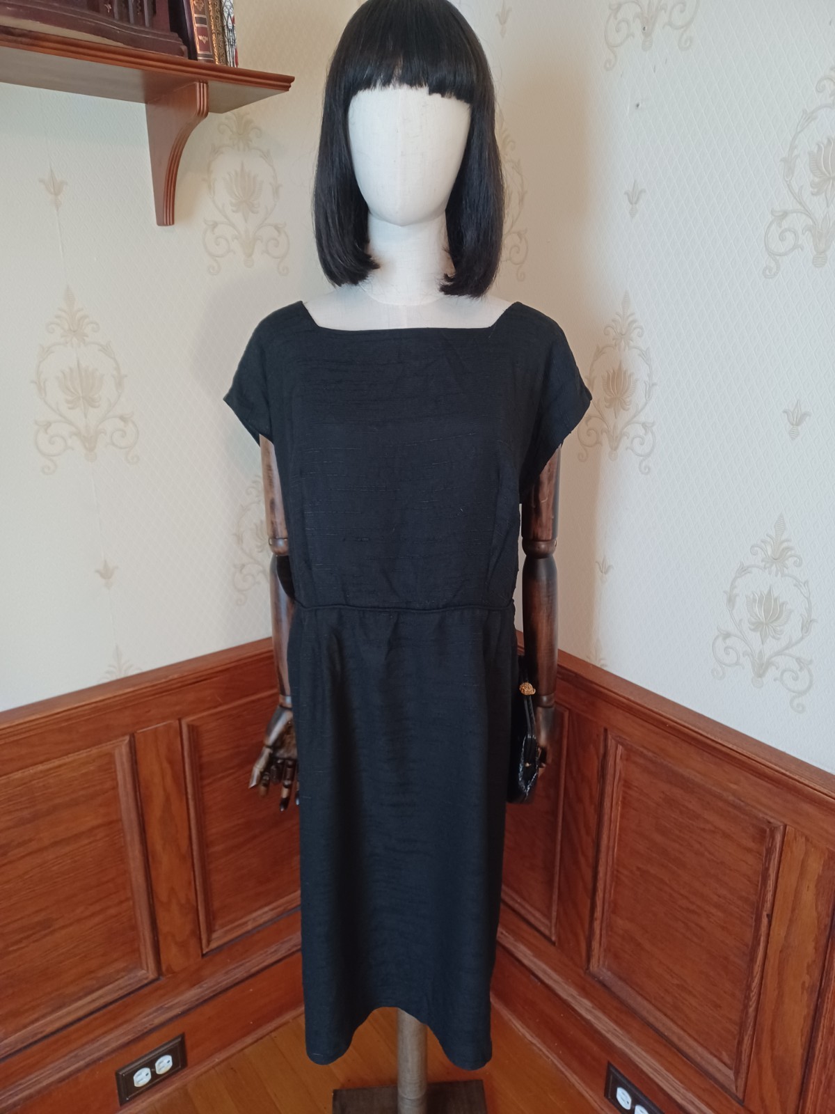 Vintage Mid-century Slubbed Black Cotton Little Black Cocktail Dress, size XL
