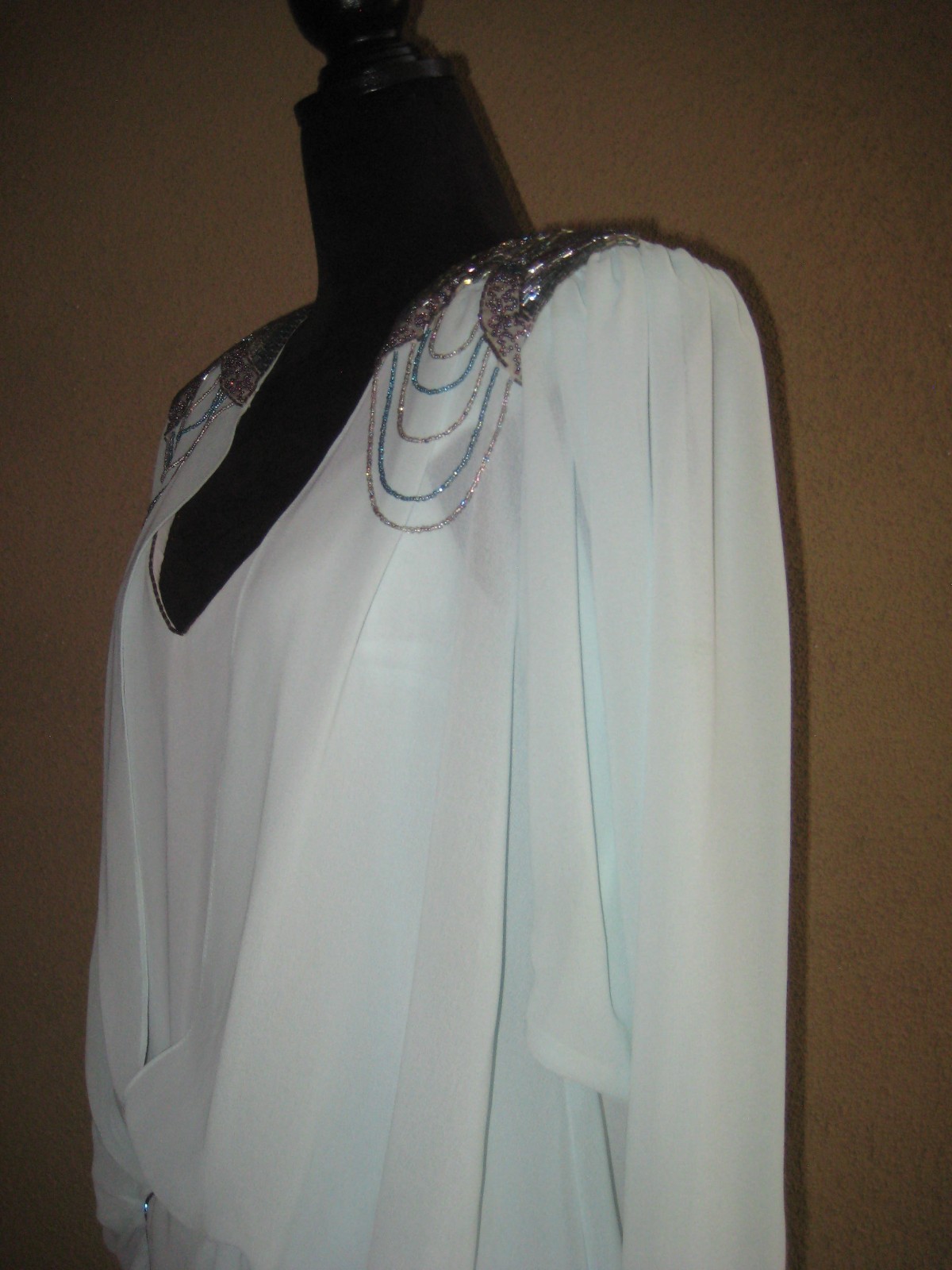 Vintage 1982 Casadei Eletra chiffon dropwaist bead padded shoulder party dress