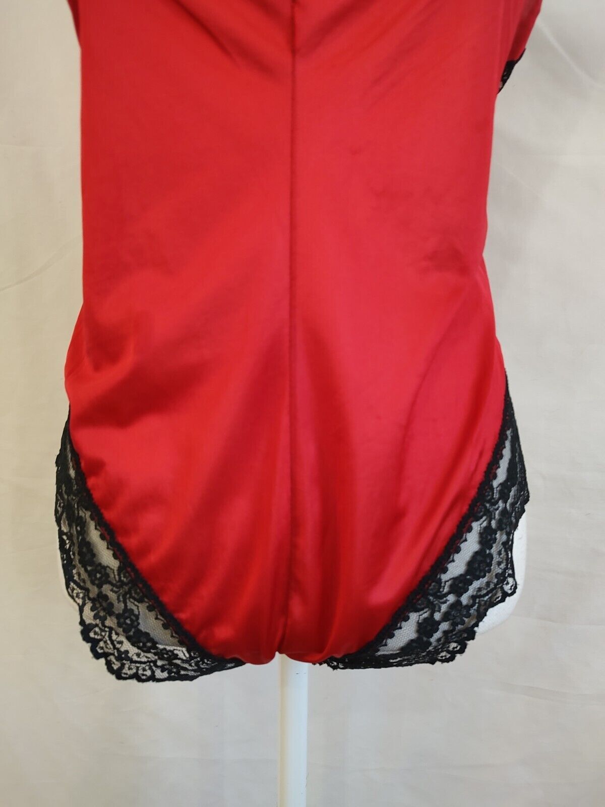 80’s Vintage Teddy Romper Red Nylon & Black Lace Super High Cut Leg Sexy Sz S