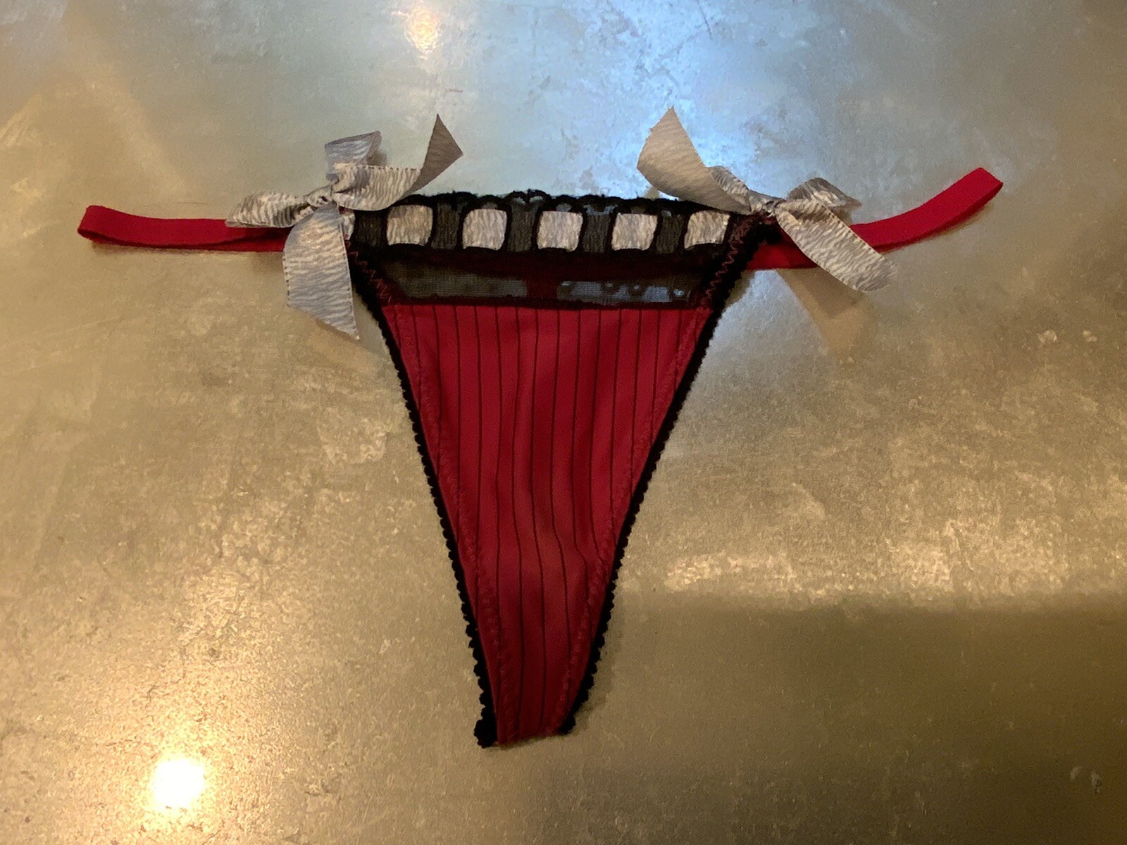 Vtg S Striped Black Wine & Pink Thong String Ribbon Bikini Panties
