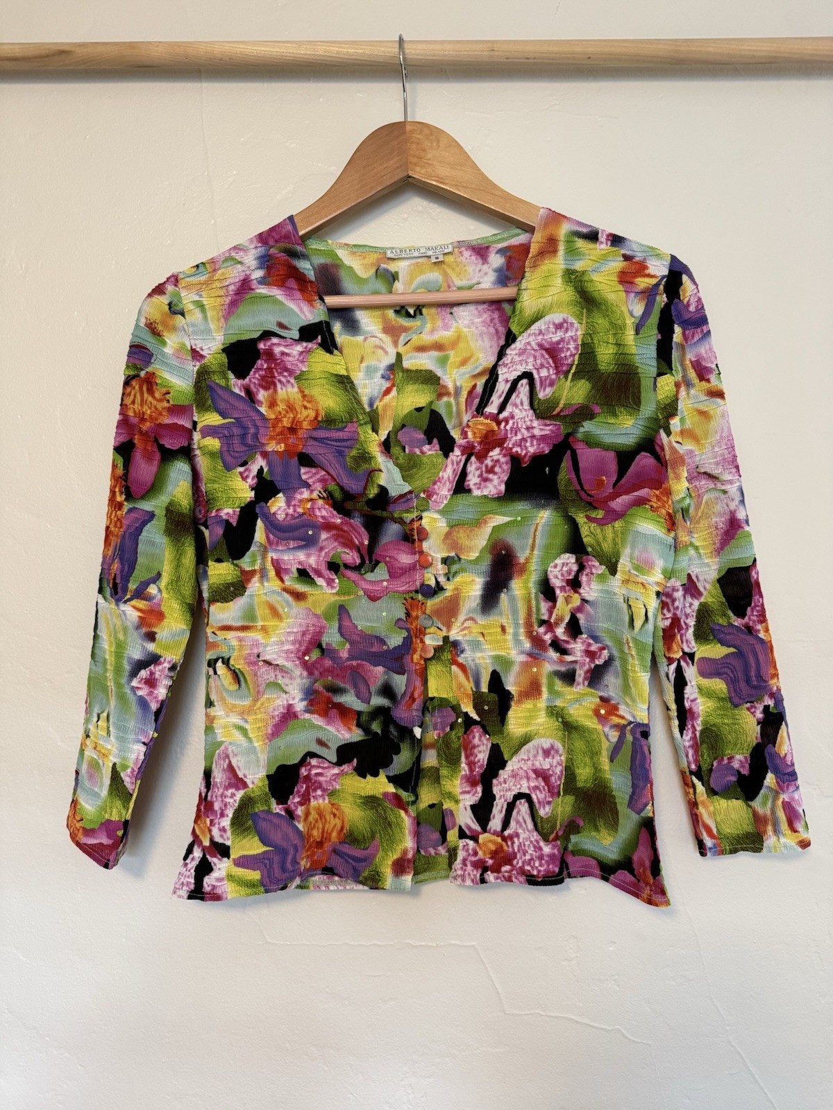 Alberto Makali Vintage Y2K Floral Print Sequin Button Top Shirt Women’s Small