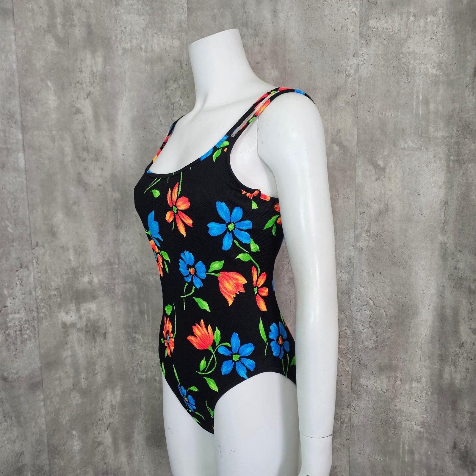 Vintage Concepts Sport Floral Swimsuit Black Neon One Piece High Cut USA