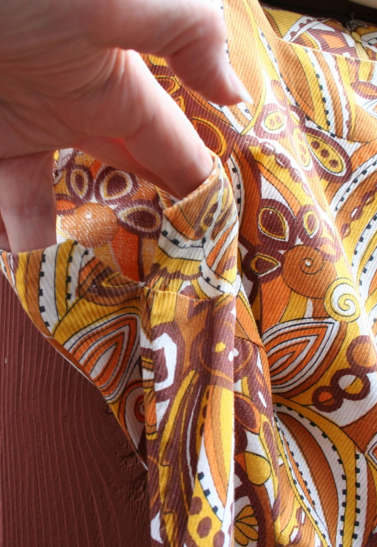 1960s Vintage Brown Gold Orange Print Polyester Sleeveless Dress