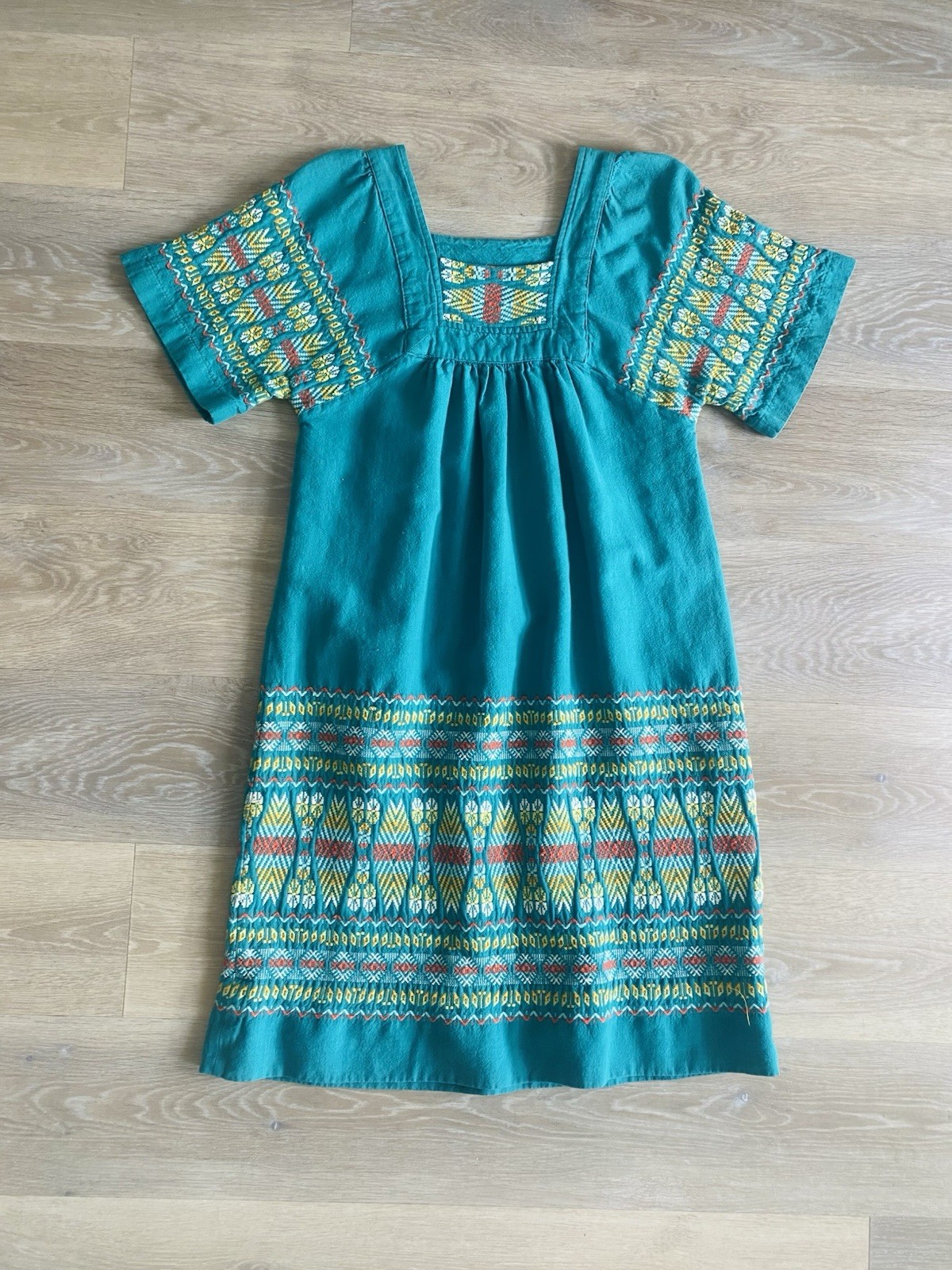 VTG 70s Paulina’s Embroidered Mexican Peasant Dress Teal Woven Cotton Boho M