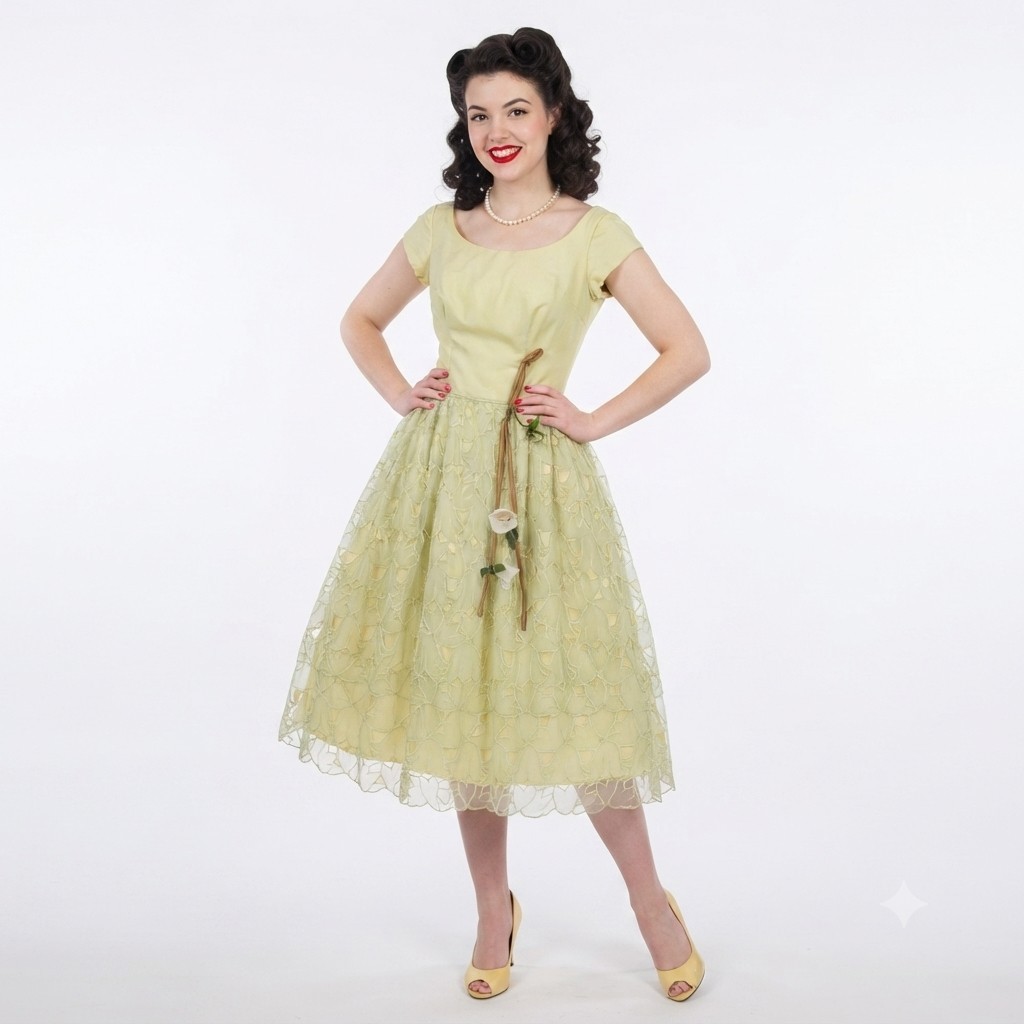 Lemon Lime 50s Cutwork Tea Dress S 3D Flowers Swing Prom Bridesmaid Pinup Swing