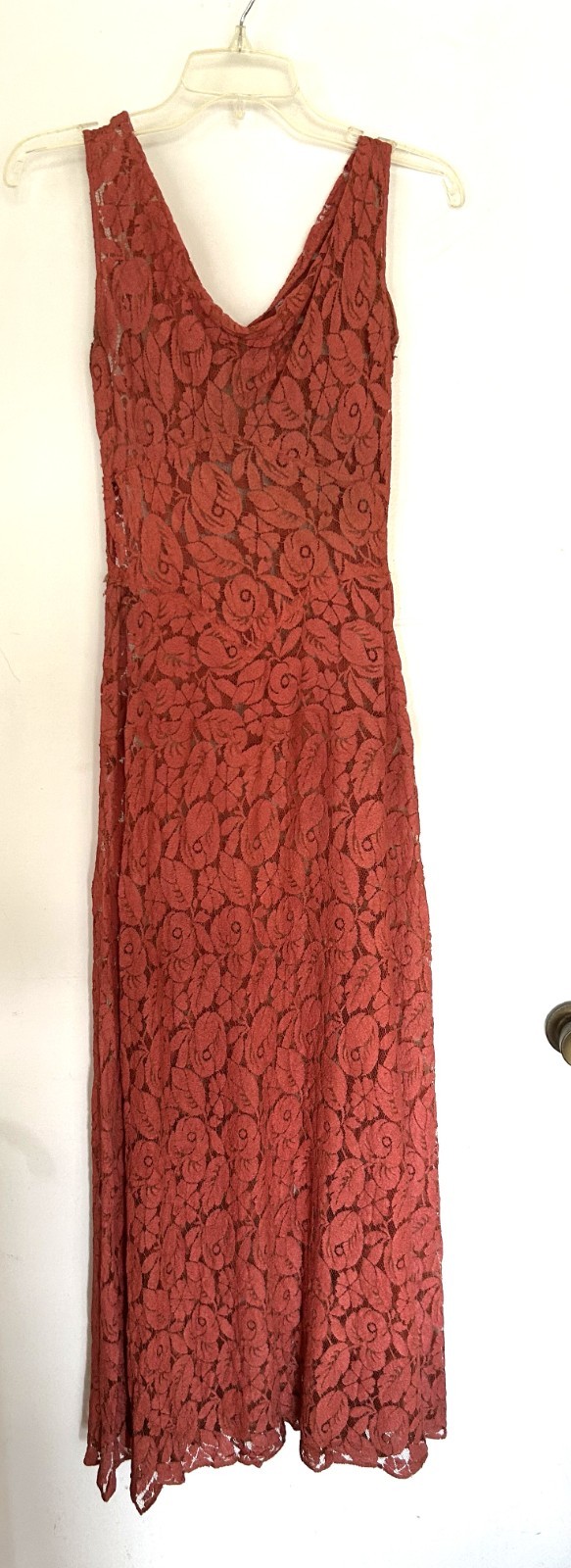 Vintage 30’s long coral lace sleeveless dress matching fur trim lace cape XS-S