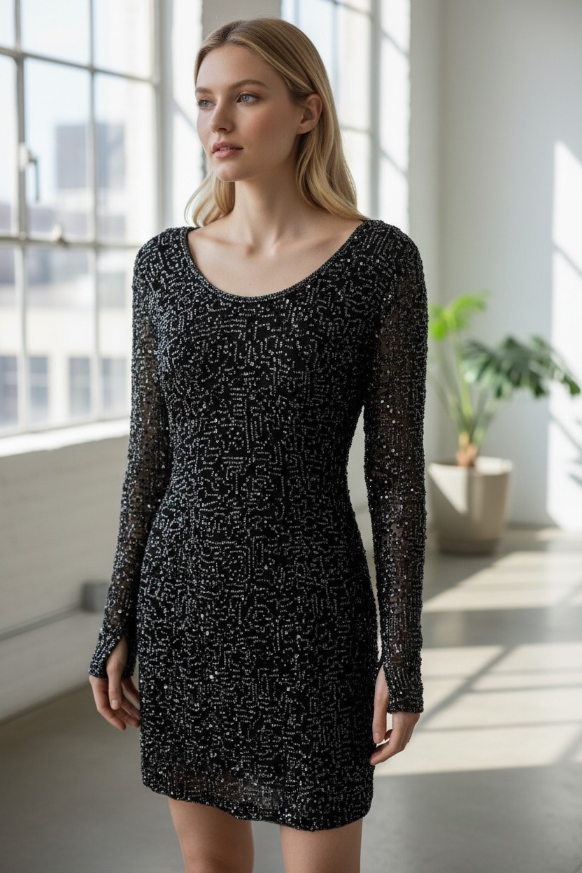 Vintage Riazee Beaded Sequin Mini Dress Black Body Con Long Sleeve Womens 2/4