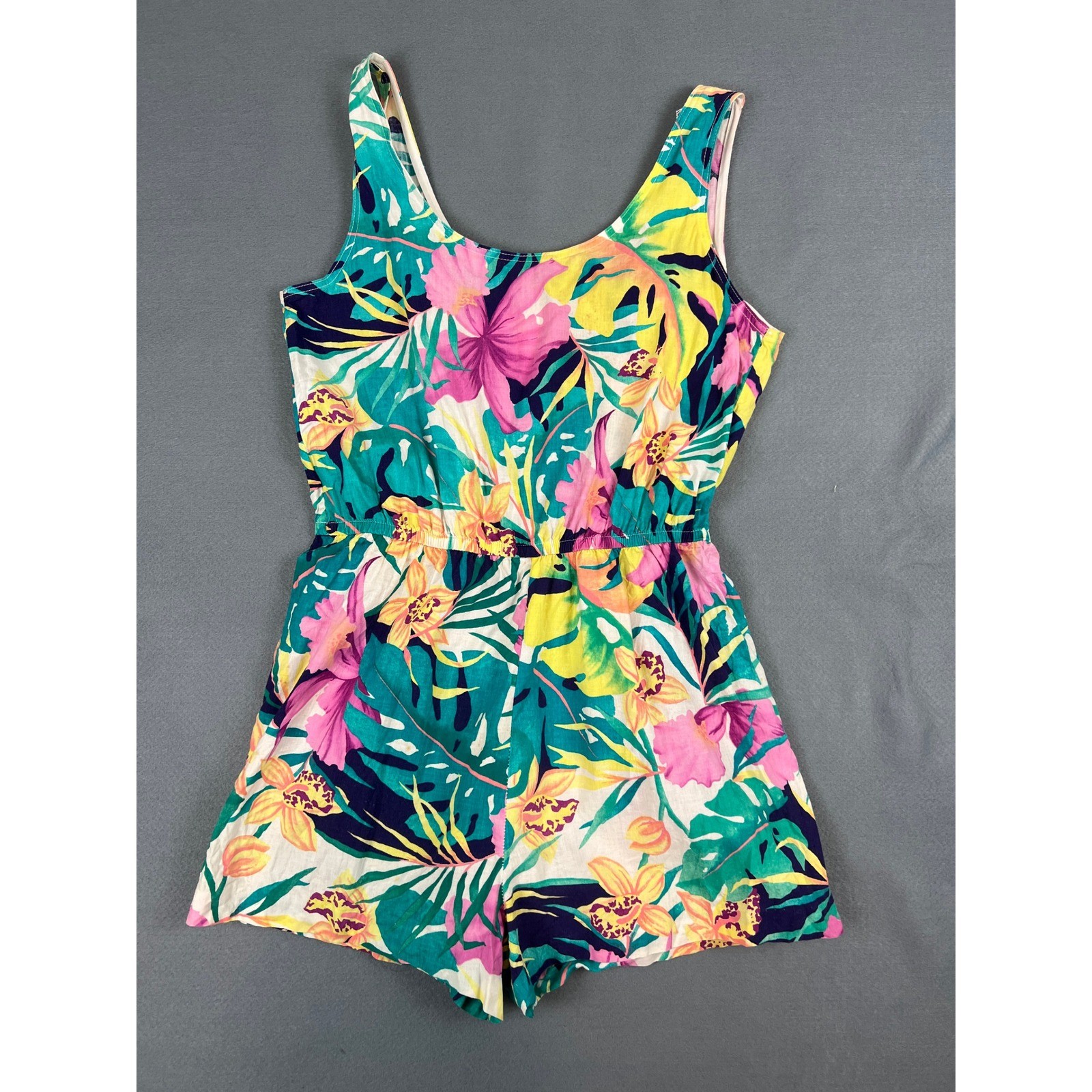Floral Romper Vintage 90s Boho Coastal Tropical Multicolor Cotton XS