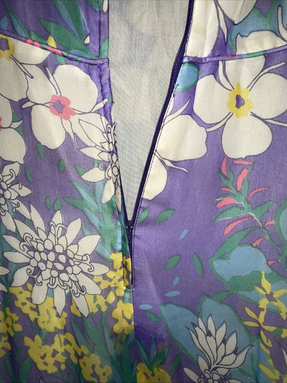 Vintage 60s 70s Parues Feinstein Flowy Flower Purple Long Dress Floral Sheer