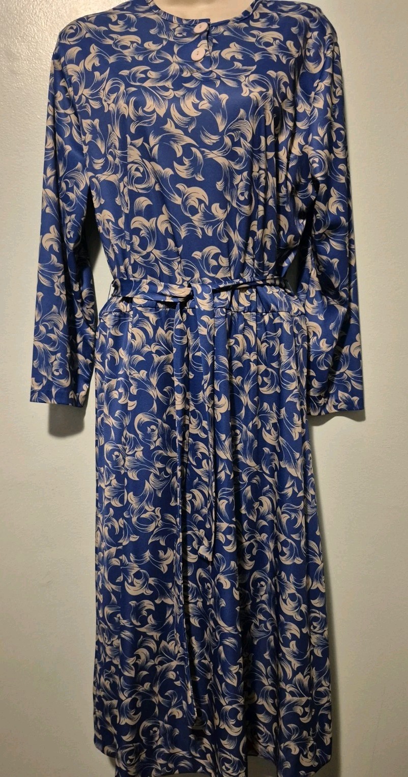 Vintage Haband For Her Blue Dream Belted Floral Dress Women’s Sz 12 Classic
