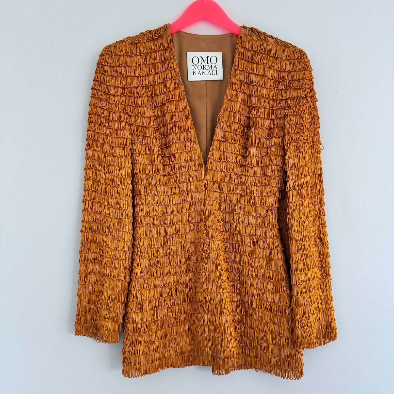 VTG 80s Omo by NORMA KAMALI Orange Gold FRINGE Blazer Mini Dress Jacket Designer