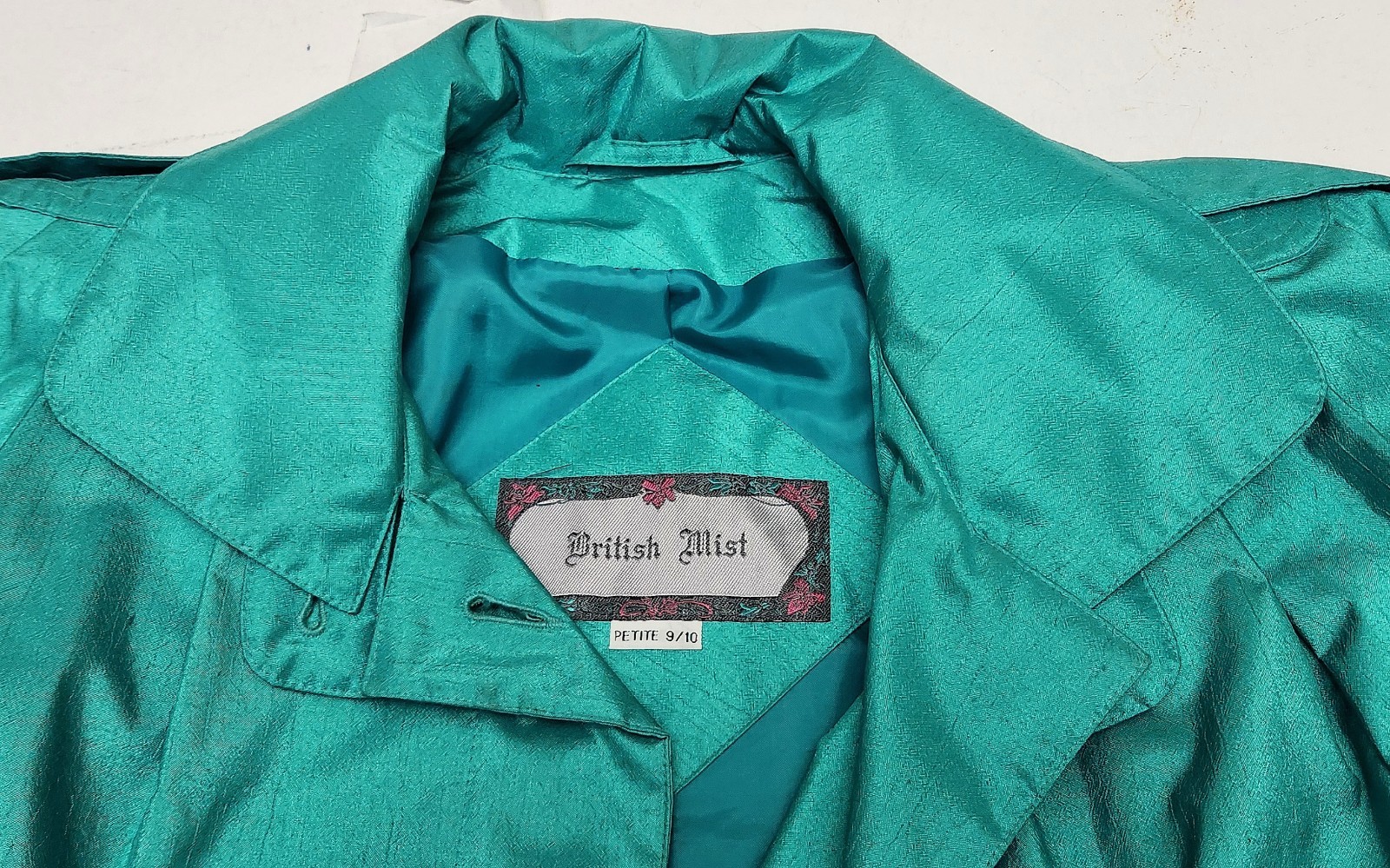 Vintage 80s British Mist Women’s Shiny Teal Rain/Trench Coat 9/10 Petite VG
