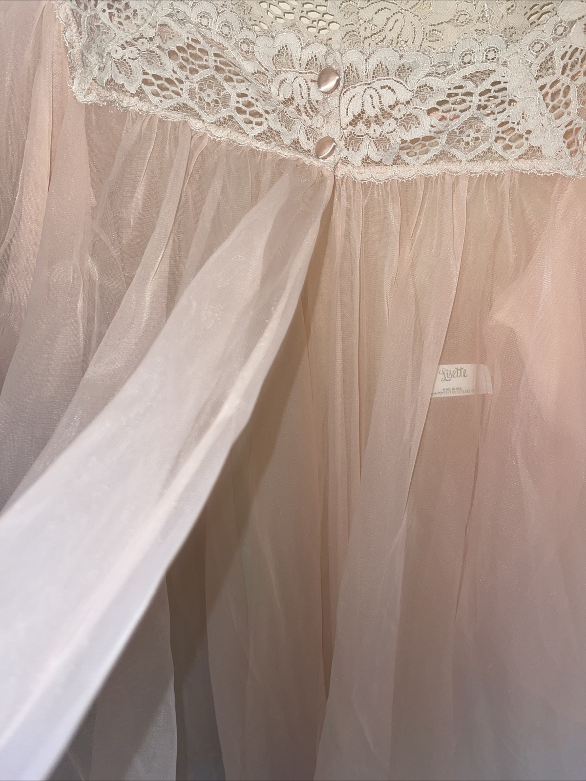 Vtg Lisette Peach Chiffon Overlay Short Nightgown Lace Trim Sz Medium Open Front