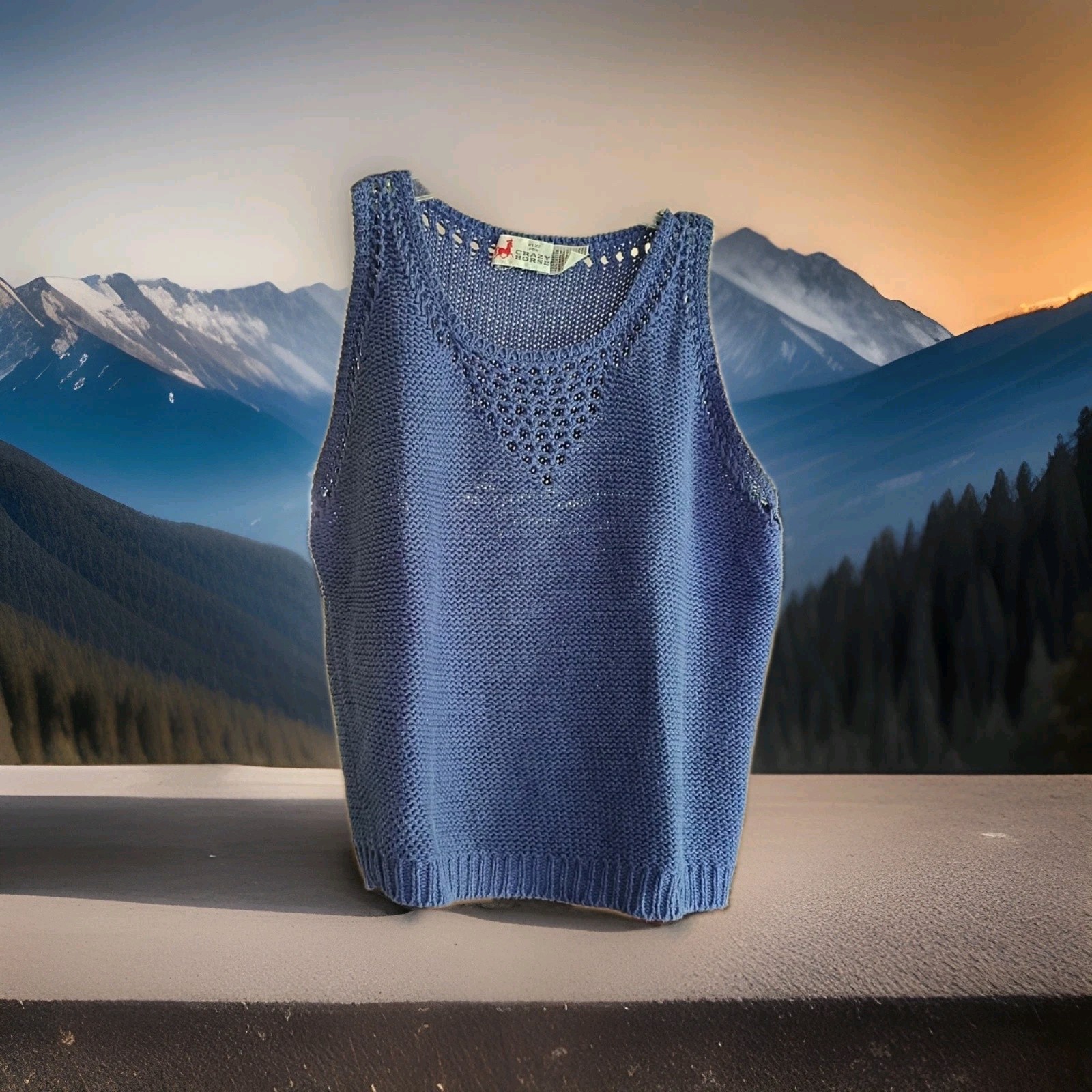 Vintage Riki For Crazy Horse Sweater Vest Top Ramie Cotton Periwinkle Blue Knit