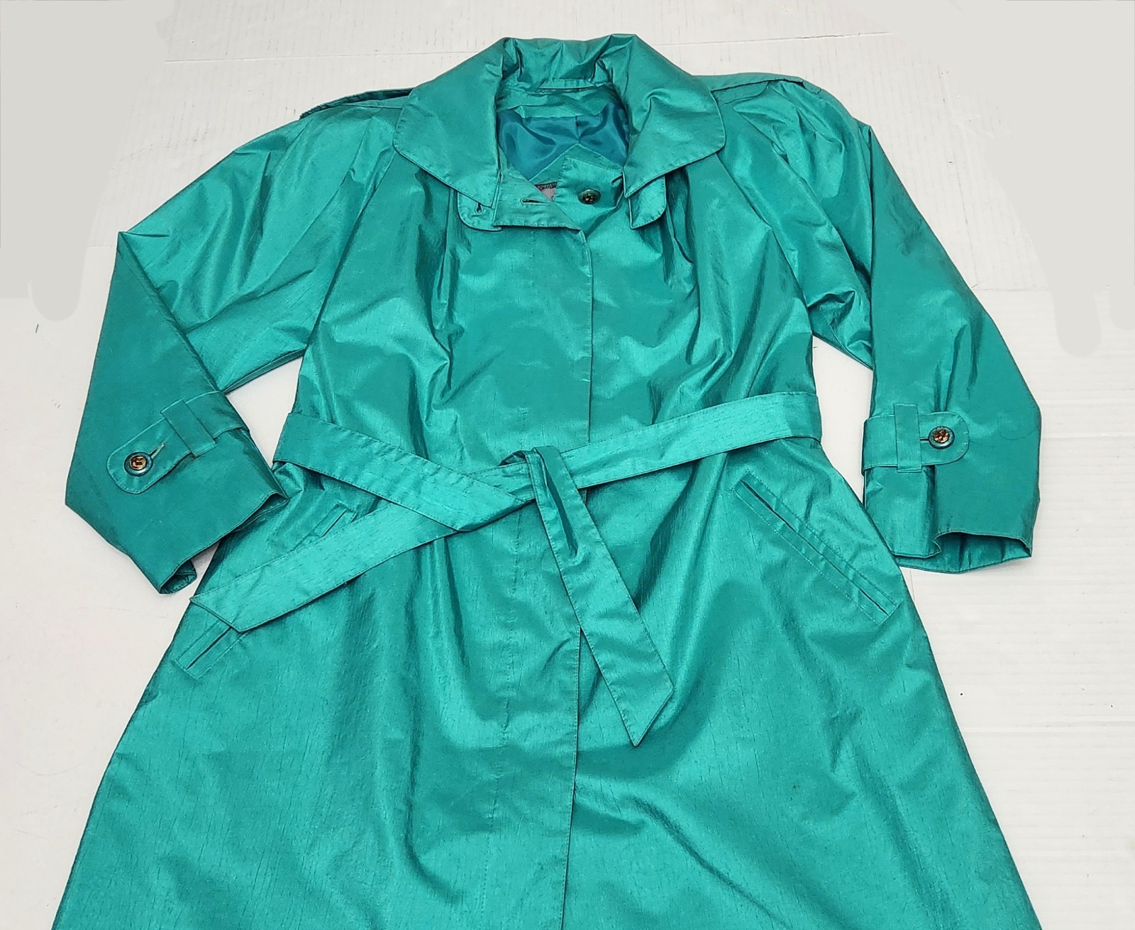 Vintage 80s British Mist Women’s Shiny Teal Rain/Trench Coat 9/10 Petite VG