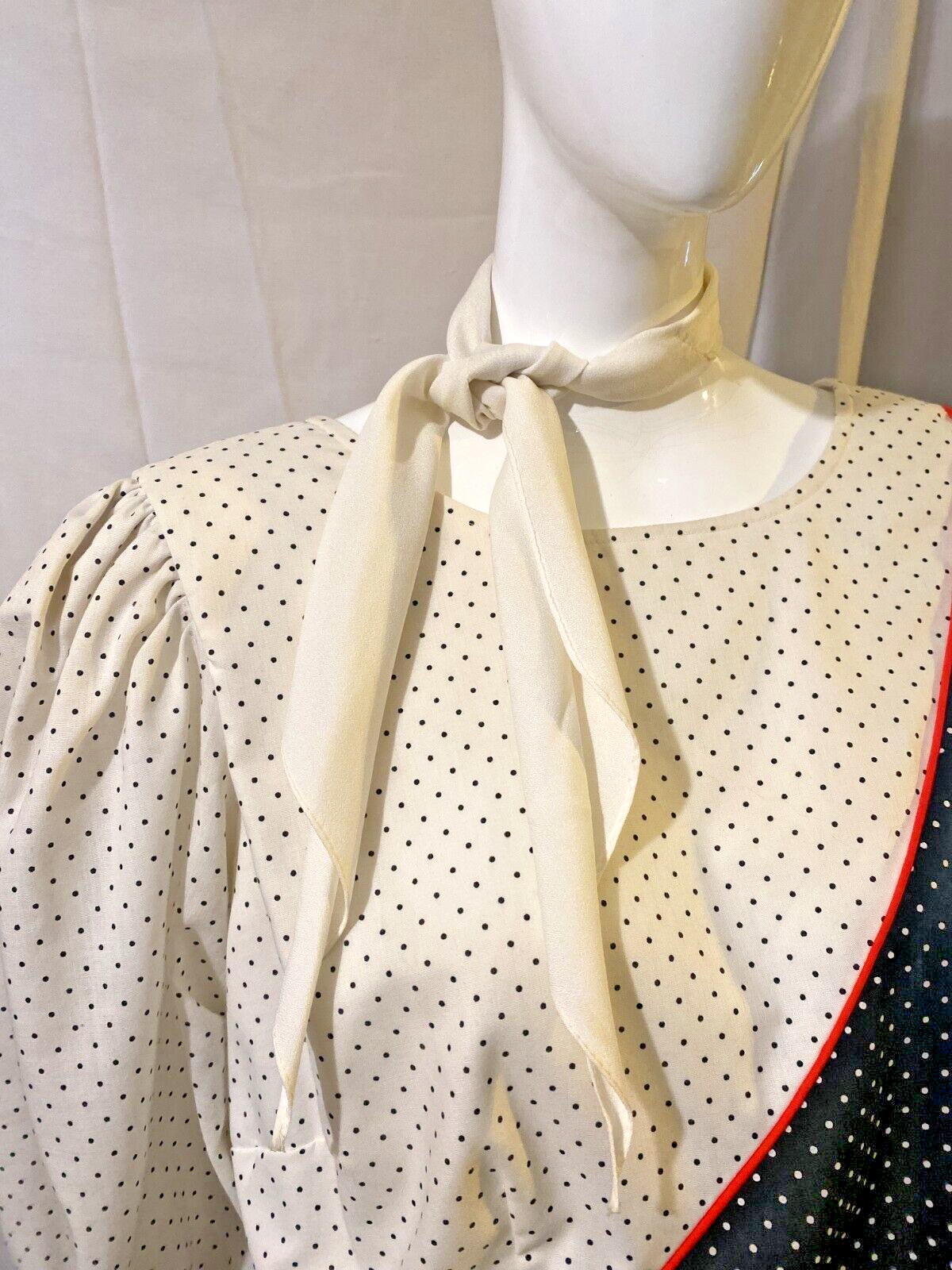 Vintage Black & White Dots Square Dance Dress with belt and scarf