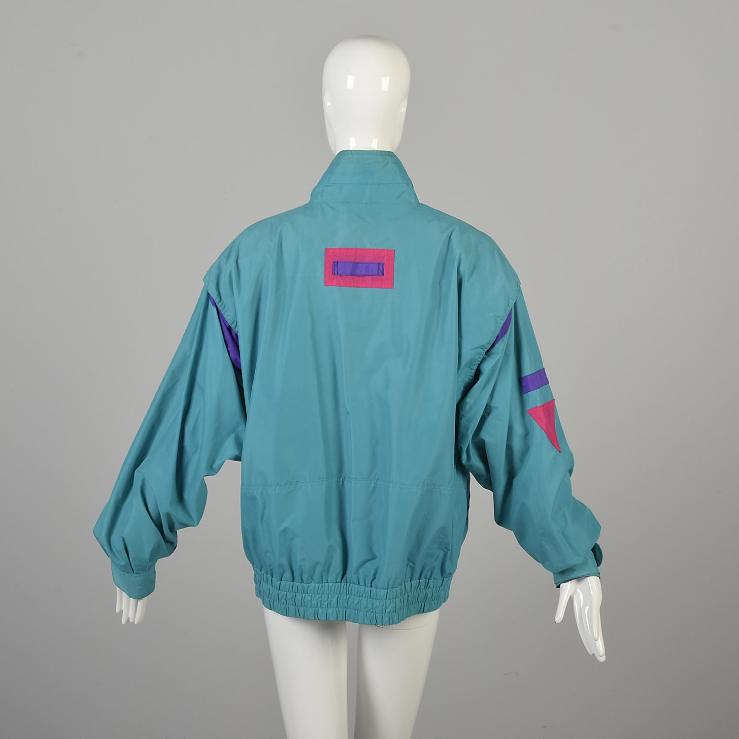 Medium 1980s Teal Windbreaker with Hot Pink and Purple Zippered Snap Closure