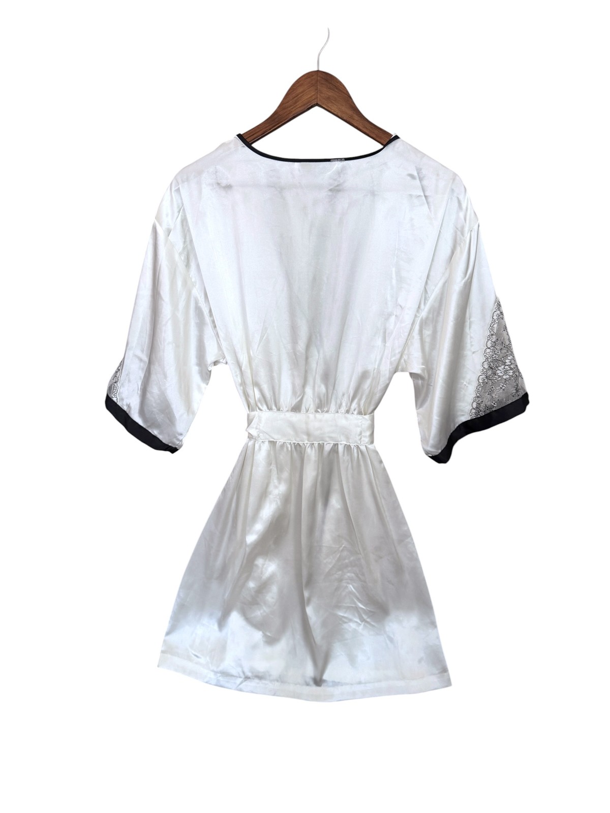Vintage Ivory Satin Black Lace Kimono Robe with White Rose, Small Size