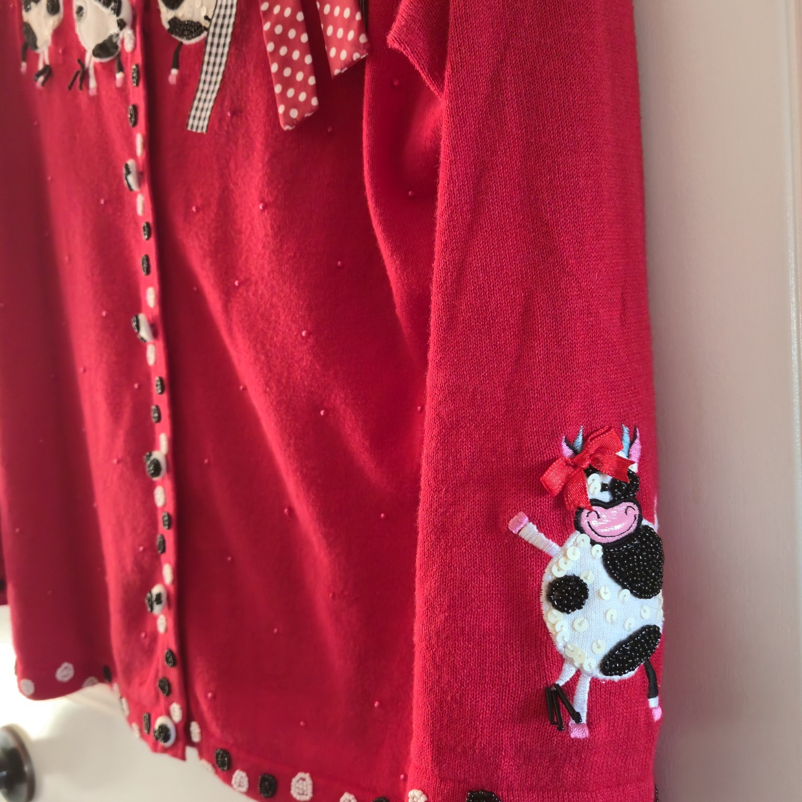 Vintage Dancing Cow Jack B Quick Red Whimsical Small Beaded Sweater Ramie 🐮❤️