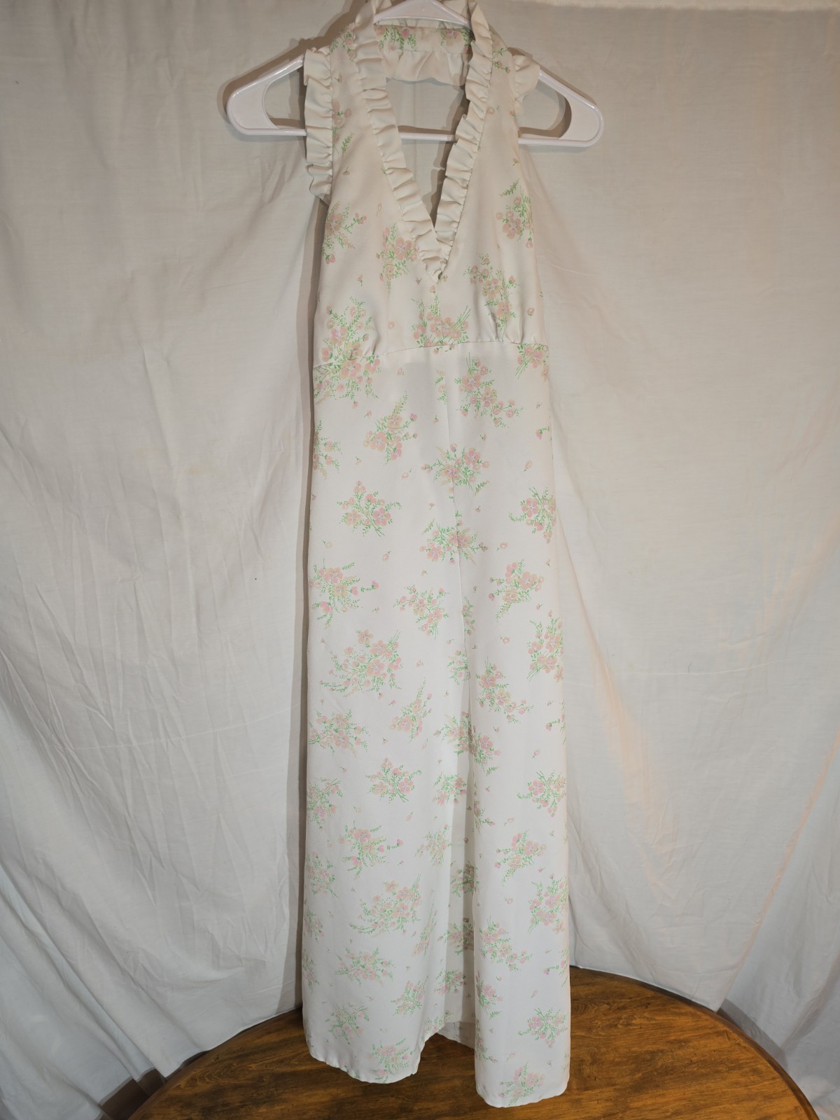 1970s Floral Halter Maxi Dress with Ruffle Trim
