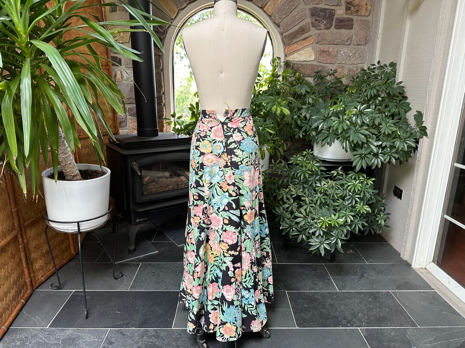 Vintage 1970s Bias Cut Swirl Black Pink Green Floral Maxi Skirt Kelita New York