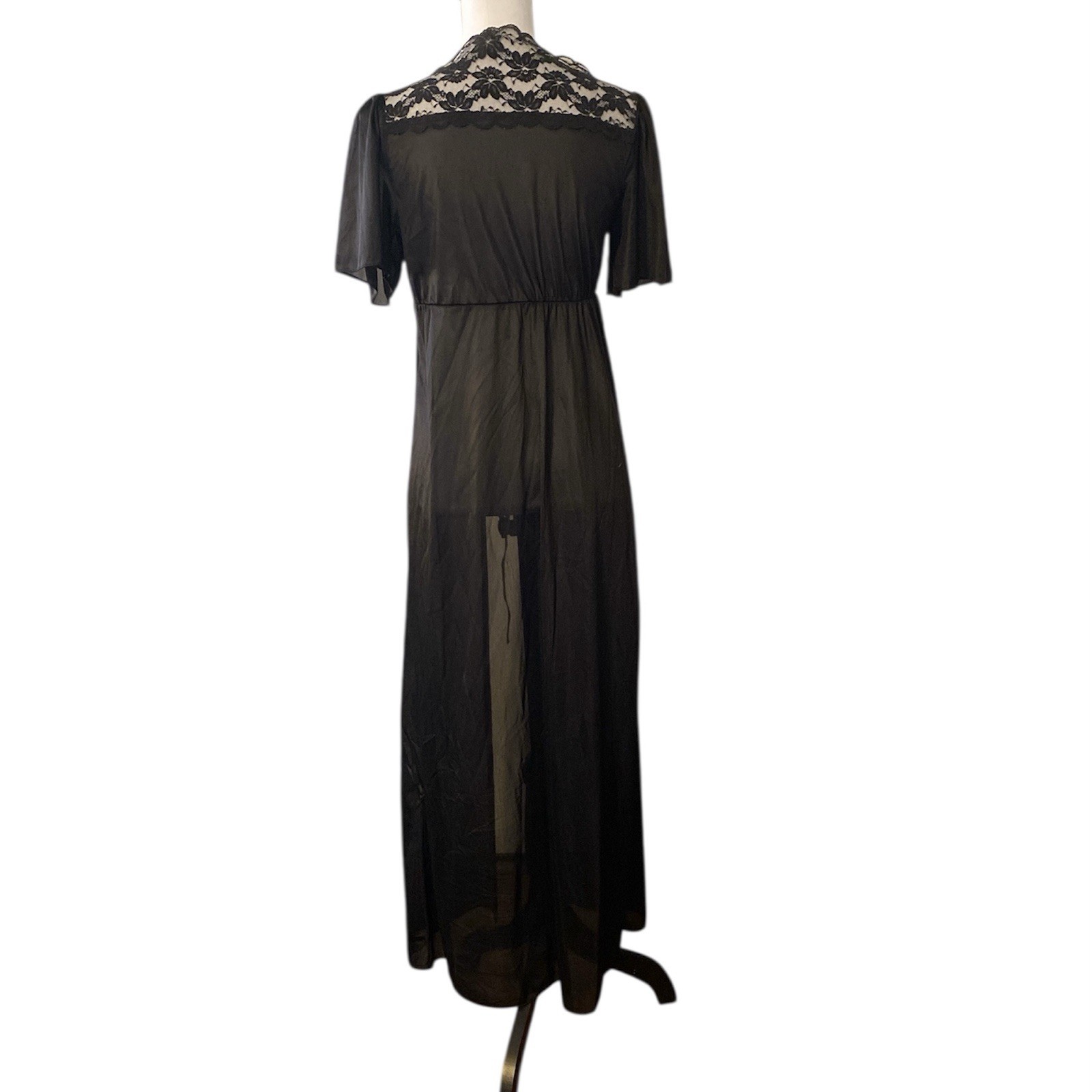 Vintage Lace Robe Long ILGWU Sheer Floral Half Sleeve Womens Medium Black Boho