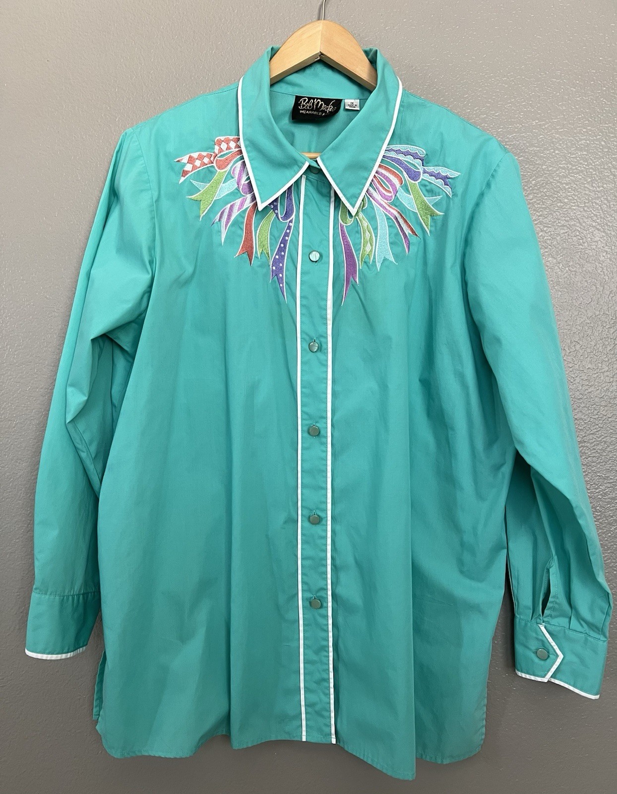 Vintage BOB MACKIE Shirt Plus 1X Turquoise L/S Wearable Art Embroidered Western