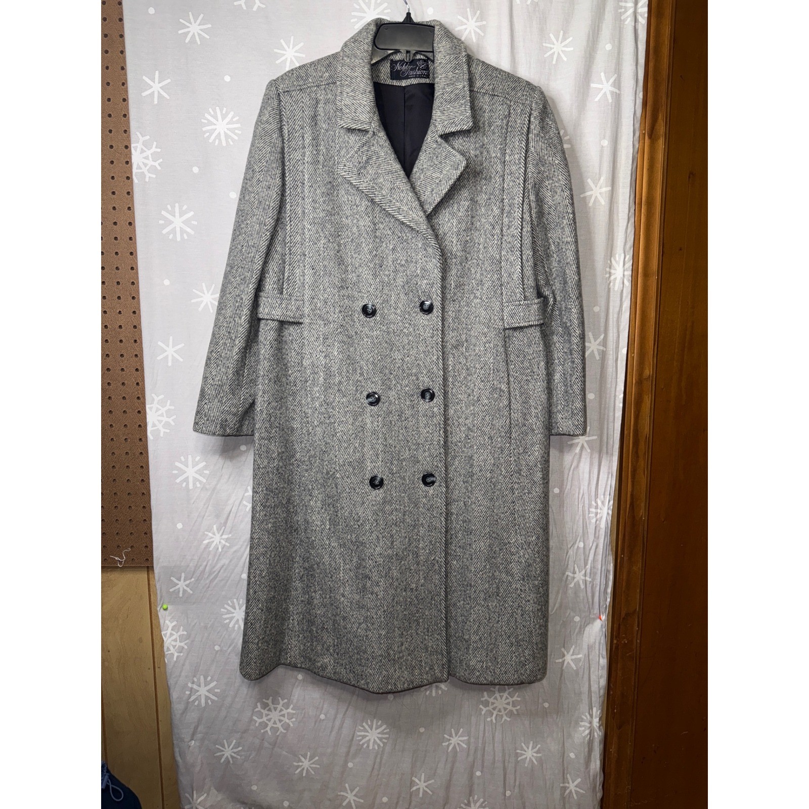 Noble Fashions Vintage Grey Herringbone Wool Blend Double Breasted Overcoat Coat