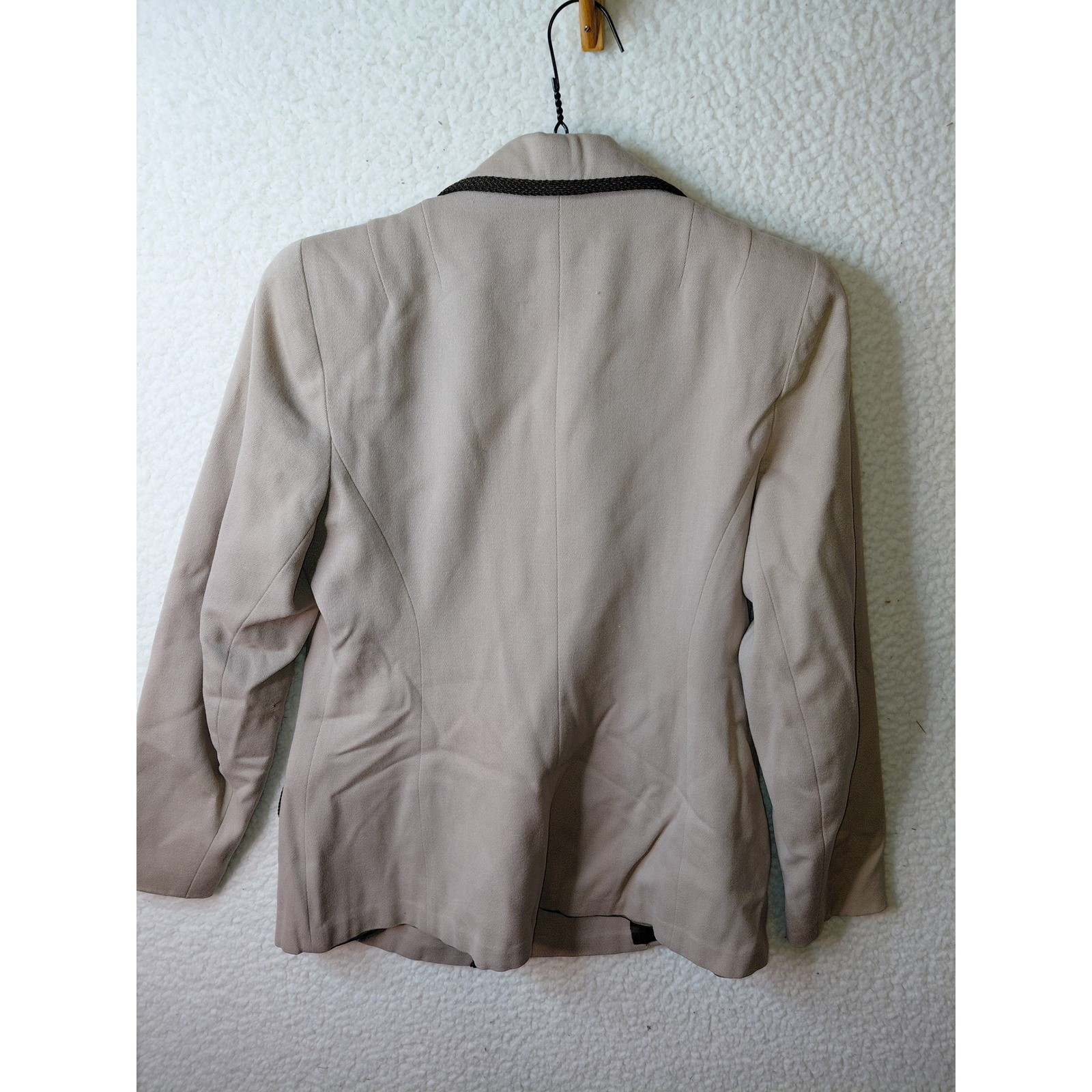 Vintage Jo-Ann Roseville Skirt Suit Set Tan Braided Trim Blazer Midi Skirt Taupe