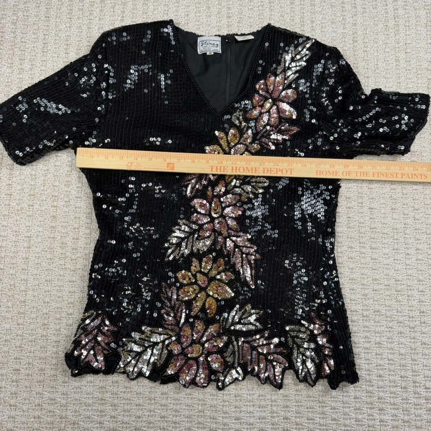 VTG Stenay Women Silk Sequin Top M Black Floral Beaded Party Glam