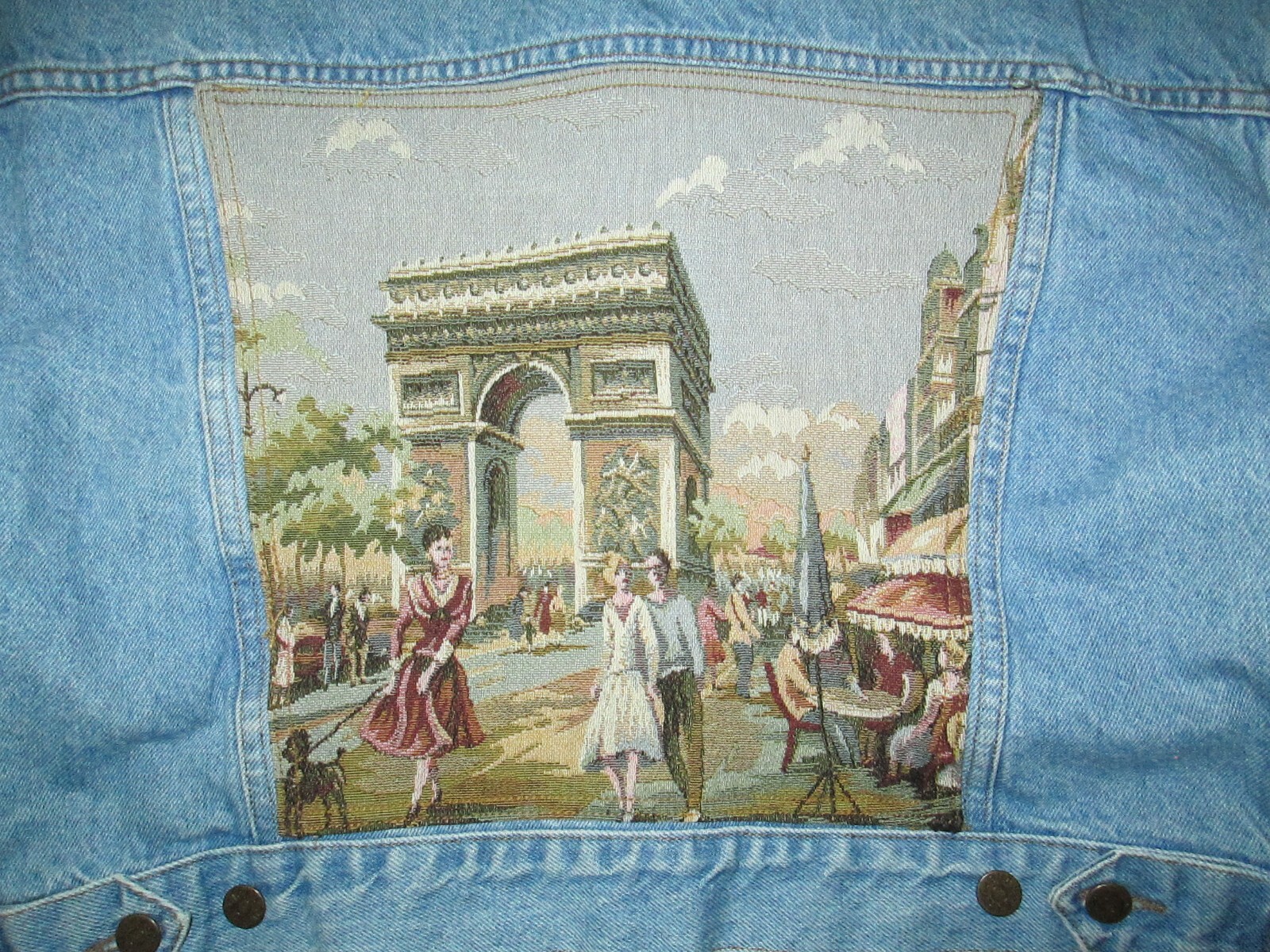 KAREN KANE Vtg 90s Arc de Triomphe Tapestry Custom Denim Jean Jacket LADIES USA