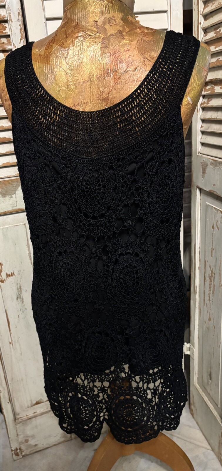 VTG Kroshetta by Papillon Black Floral Crochet Lined Tunic Top L Cruise Wear