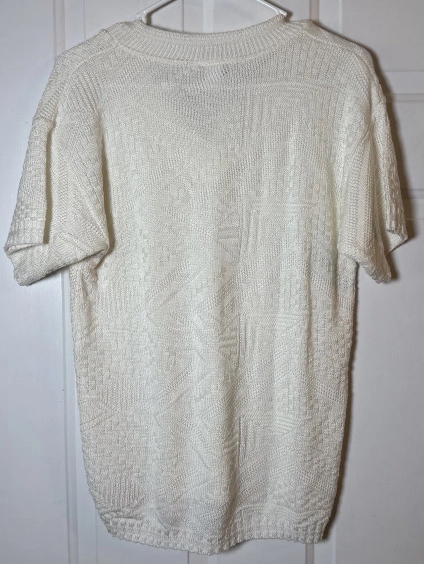 VTG Kenneth Too Womens M Ivory Textured Knit V Neck Short Sleeve Sweater USA