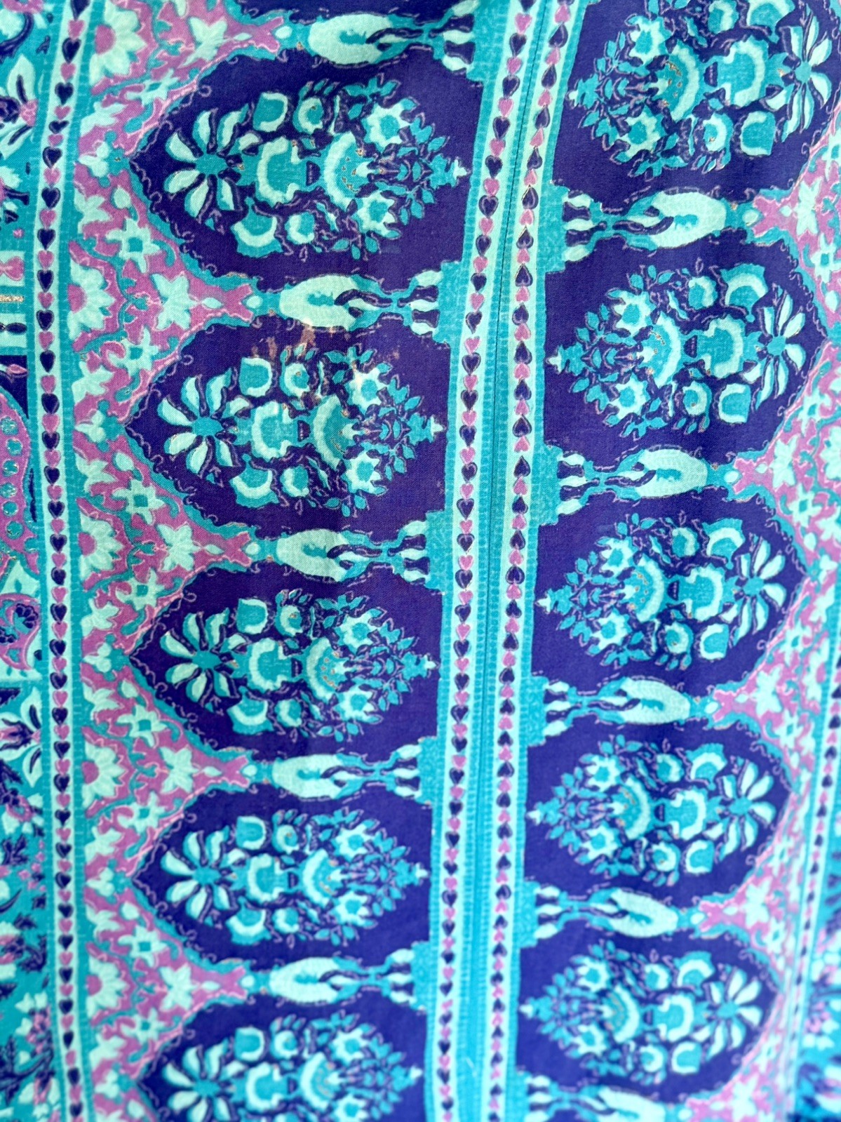 VTG Gerry CA Barkcloth Muumuu Patio Lounge Dress Rainbow Batik Psychedelic Mod M