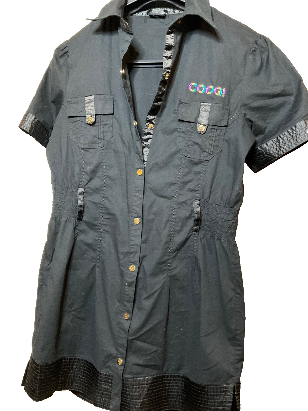 COOGI AUSTRALIA VINTAGE Y2K XL BLACK SHIRTDRESS BELT LOOPS RHINESTONES SHIRRED