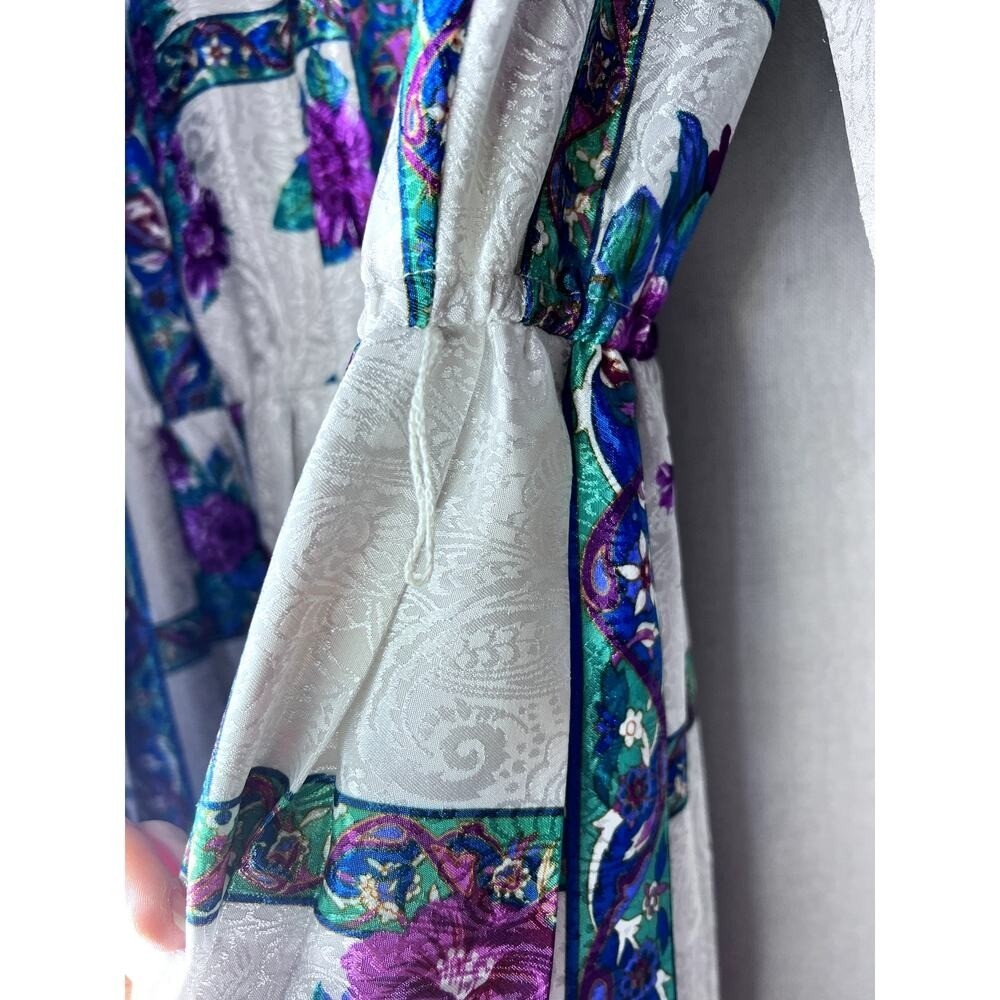 Vintage 80s Schrader Silver Purple Floral Satin Long Sleeve Midi Dress