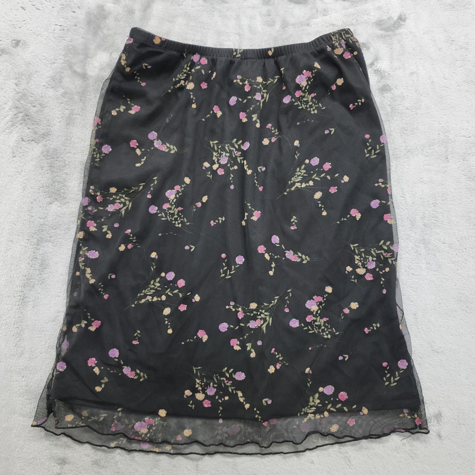 Vintage Fashion Bug Skirt Womens S Black Pink Glitter Floral Sheer Mesh Lined