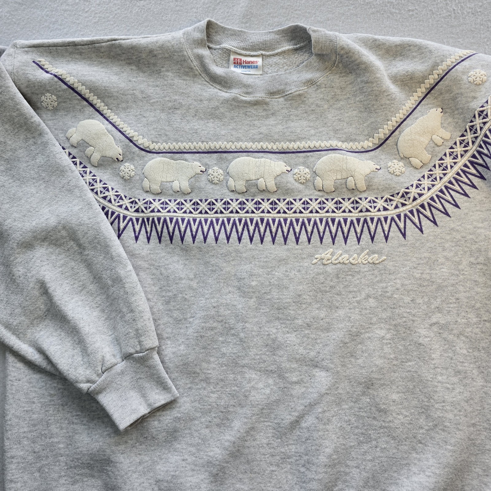 VTG 90s Hanes Alaska Polar Bear Sweatshirt XL Gray Puff Print USA Fabric XL Gorp