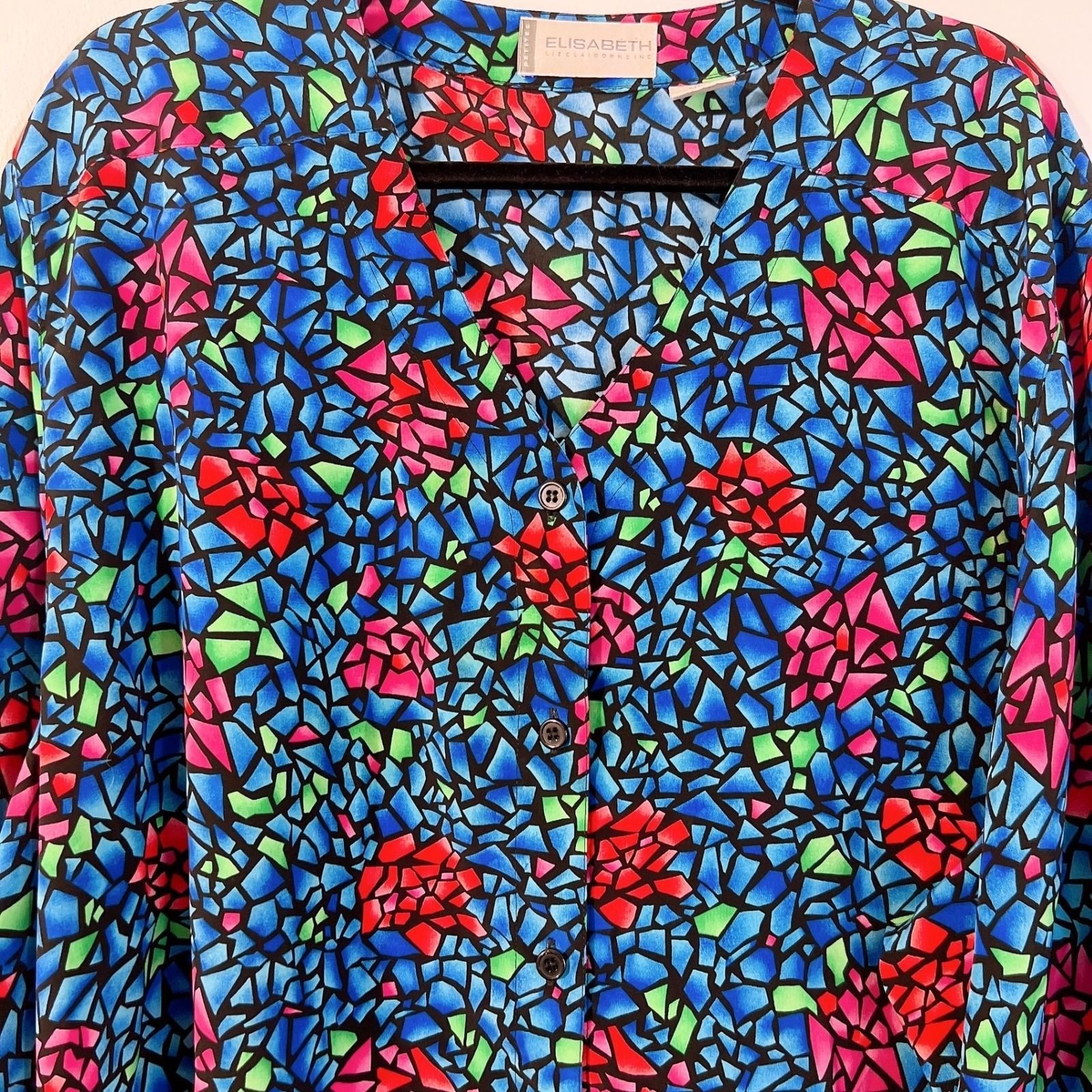 Y2K Elisabeth Liz Claiborne 22WP Vintage Stained Glass Mosaic Floral Blouse Blue